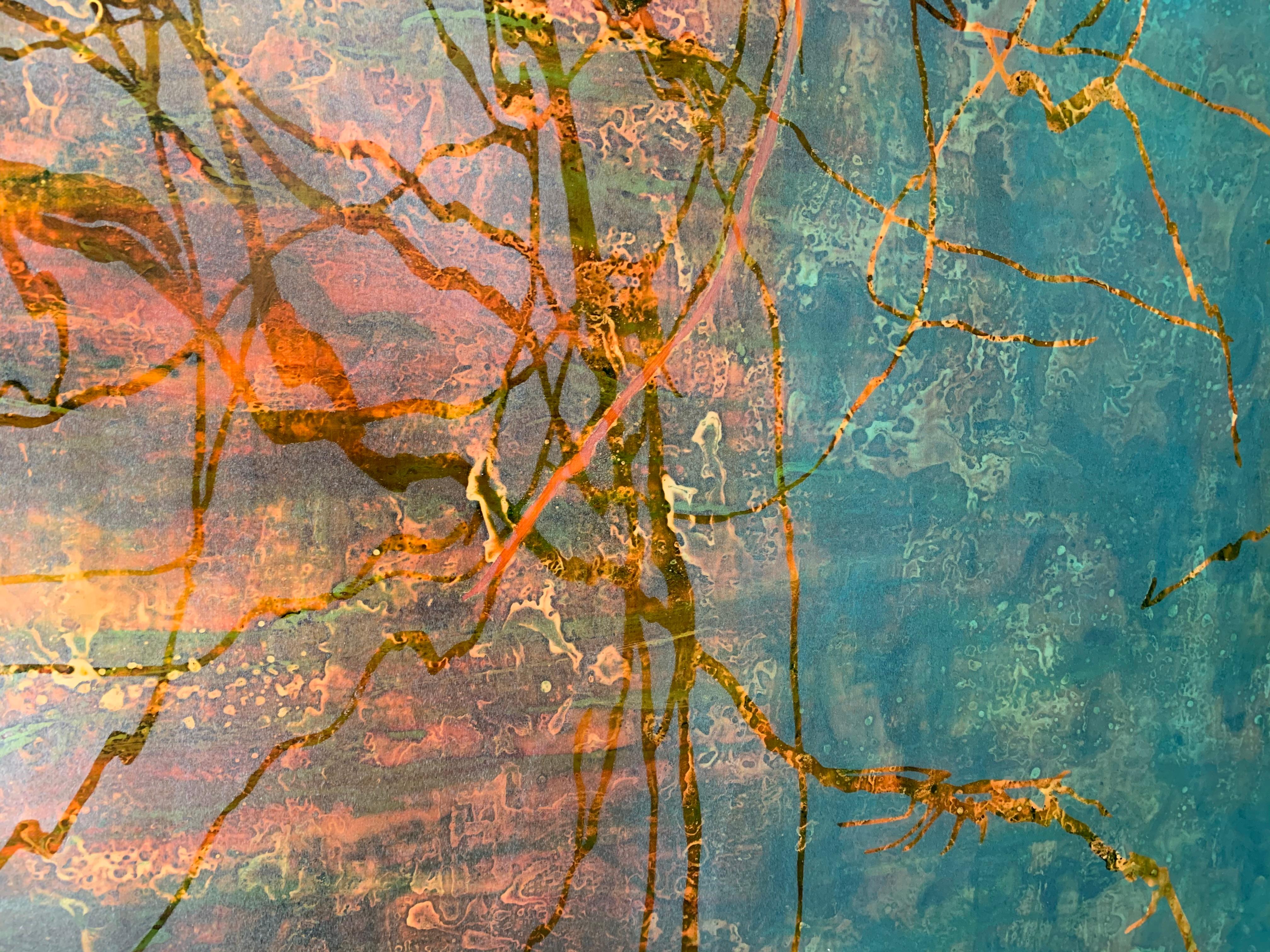 Perididas III- Water Reflections Turquoise and Gold tones 70 X 51 - Contemporary Painting by Patricia Claro