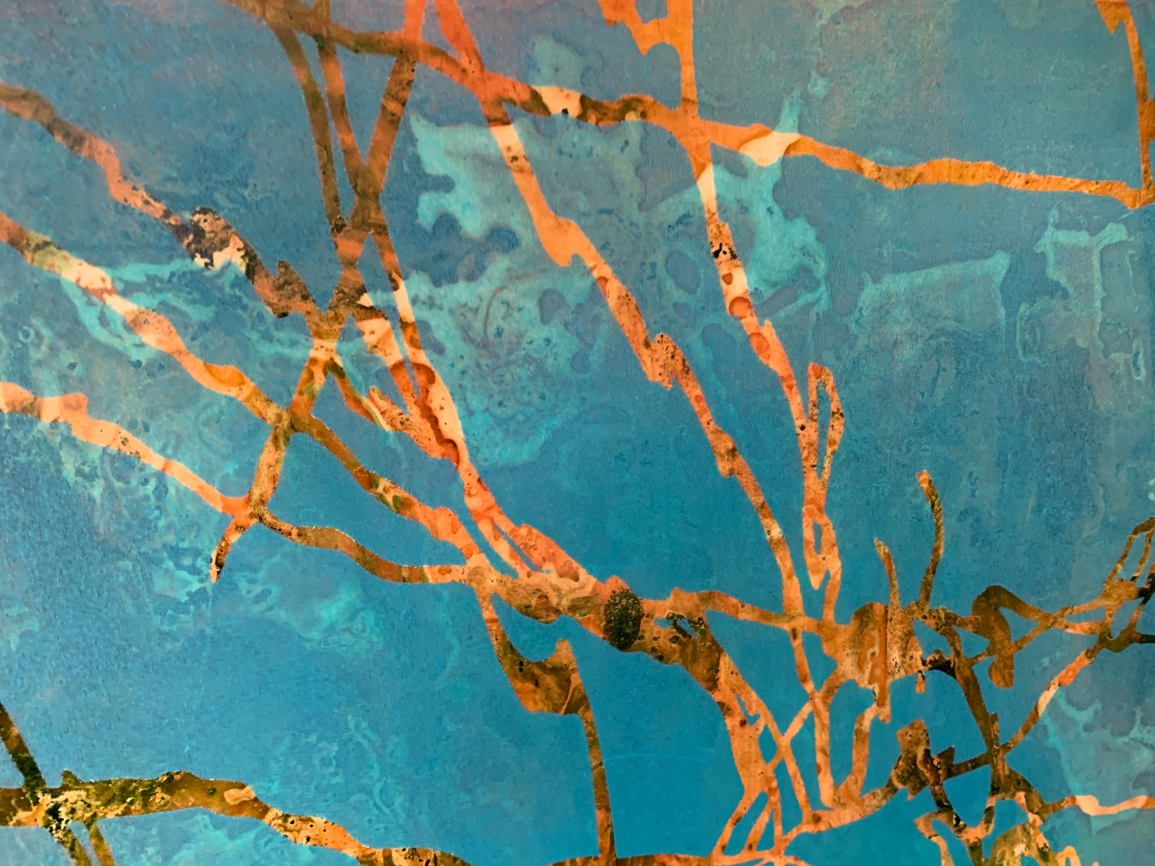 Perididas III- Water Reflections Turquoise and Gold tones 70 X 51 - Blue Landscape Painting by Patricia Claro