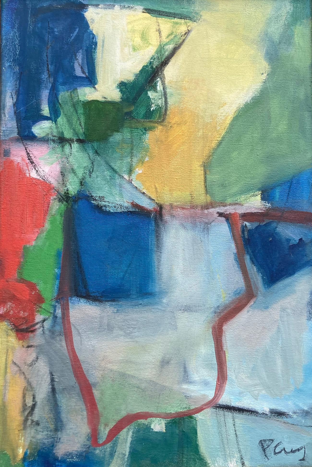 "Around the Bend", Abstract, Blue, Green, Yellow, Red, Oil Painting