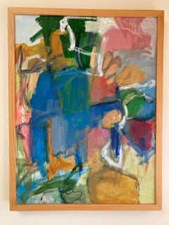 "Blue Water", Abstract, Pink, Green, Yellow, Oil Painting