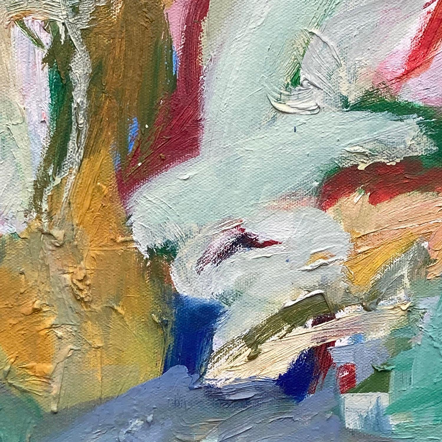 Patricia Crotty’s “Open Window” is a brightly colored 18 x 18 inch abstract oil painting on canvas. Vibrant gestural strokes of yellow, red, pink, blue, and green float and form shapes on a more muted background of lighter blues and grays. The