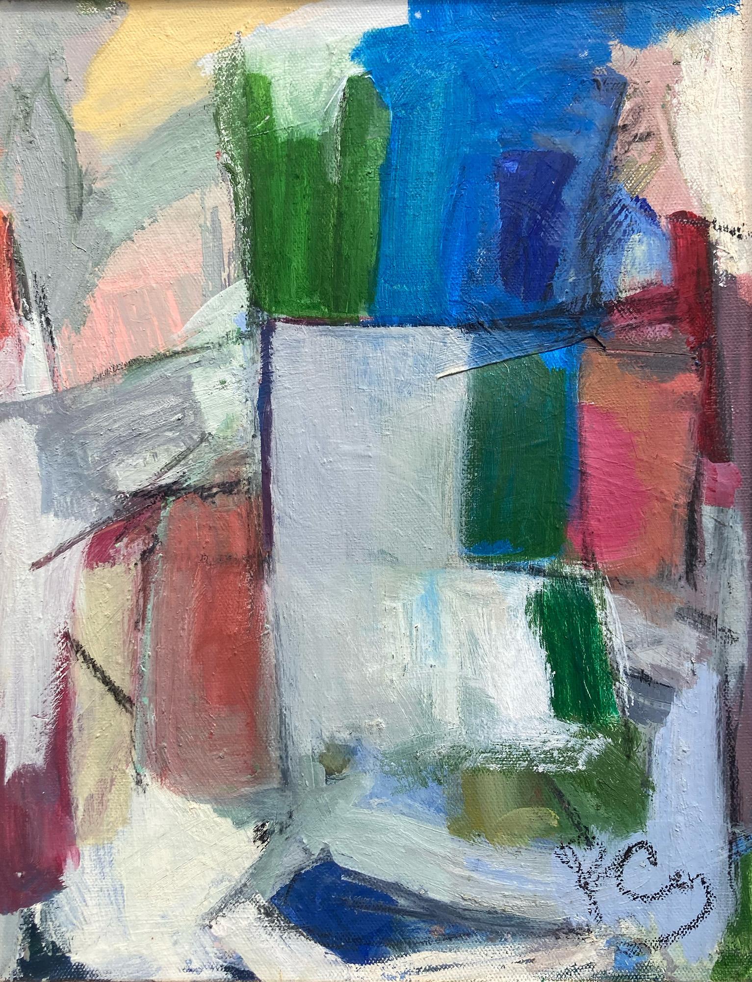 "Reflections 12", Abstrakte Landschaft, Blau, Grün, Rosa, Grau, Ölgemälde