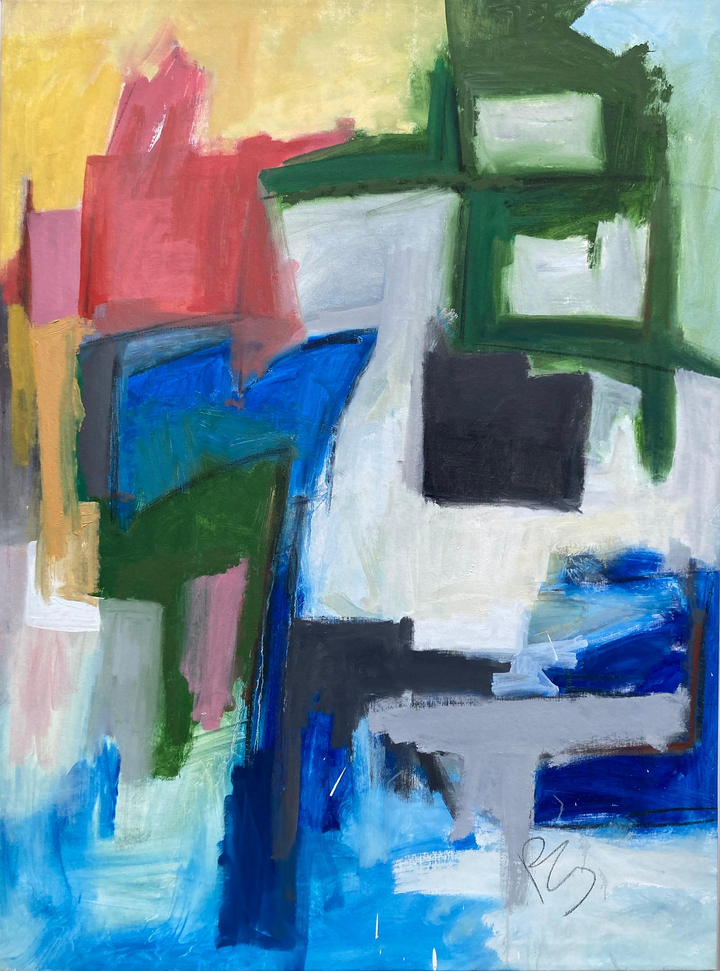"Wait for the Moment", Abstract, Yellow, Pink, Blue, White, Green, Oil Painting