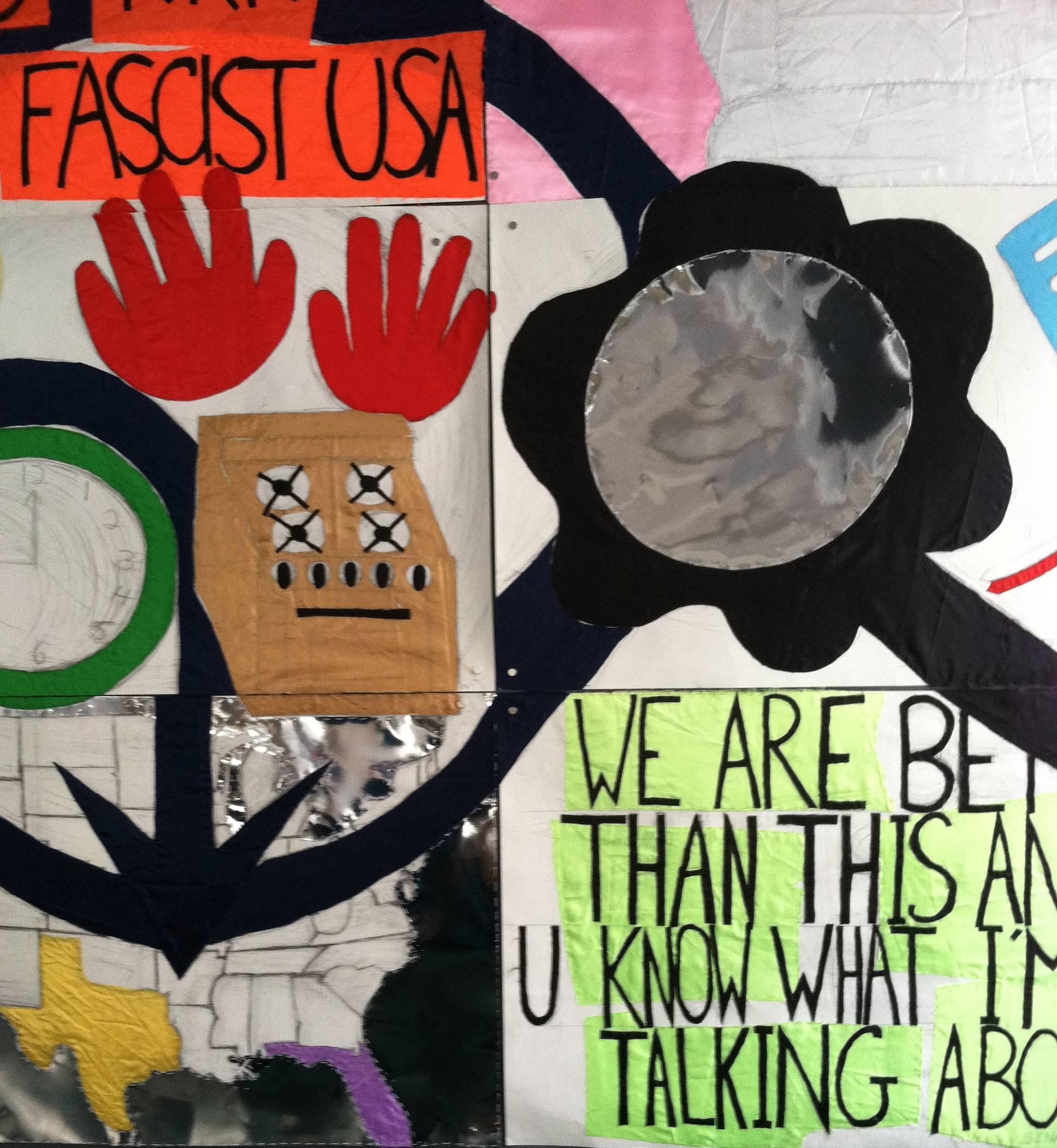 Patricia Dahlman, No_Trump, 2017, matita, tessuto, carta, filo, collage, striscione in vendita 1
