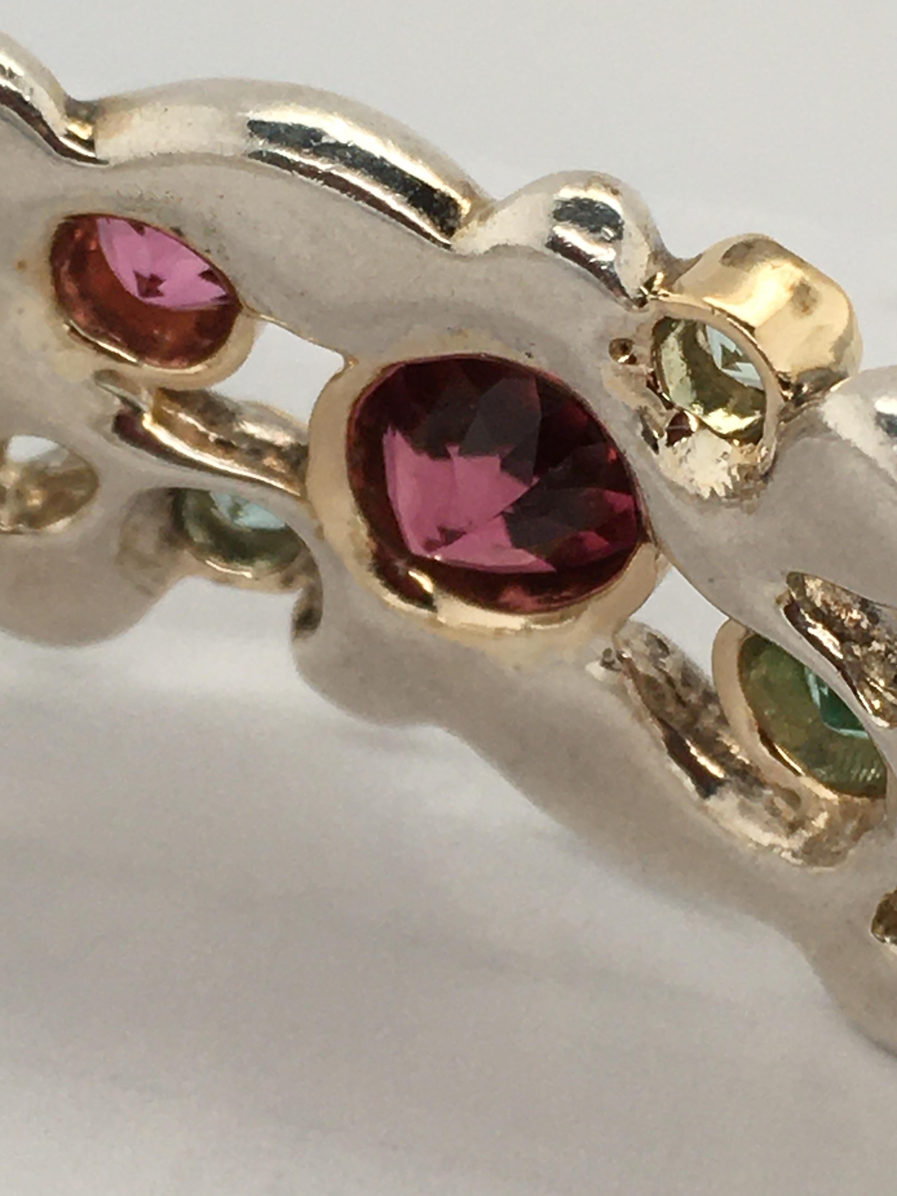 PATRICIA DAUNIS Pink Tourmaline & Green Beryl Sterling & Gold Cuff Bracelet  In Excellent Condition For Sale In Kennebunkport, ME