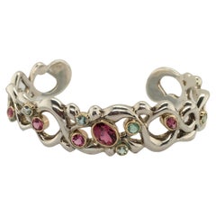 PATRICIA DAUNIS Pink Tourmaline & Green Beryl Sterling & Gold Cuff Bracelet 