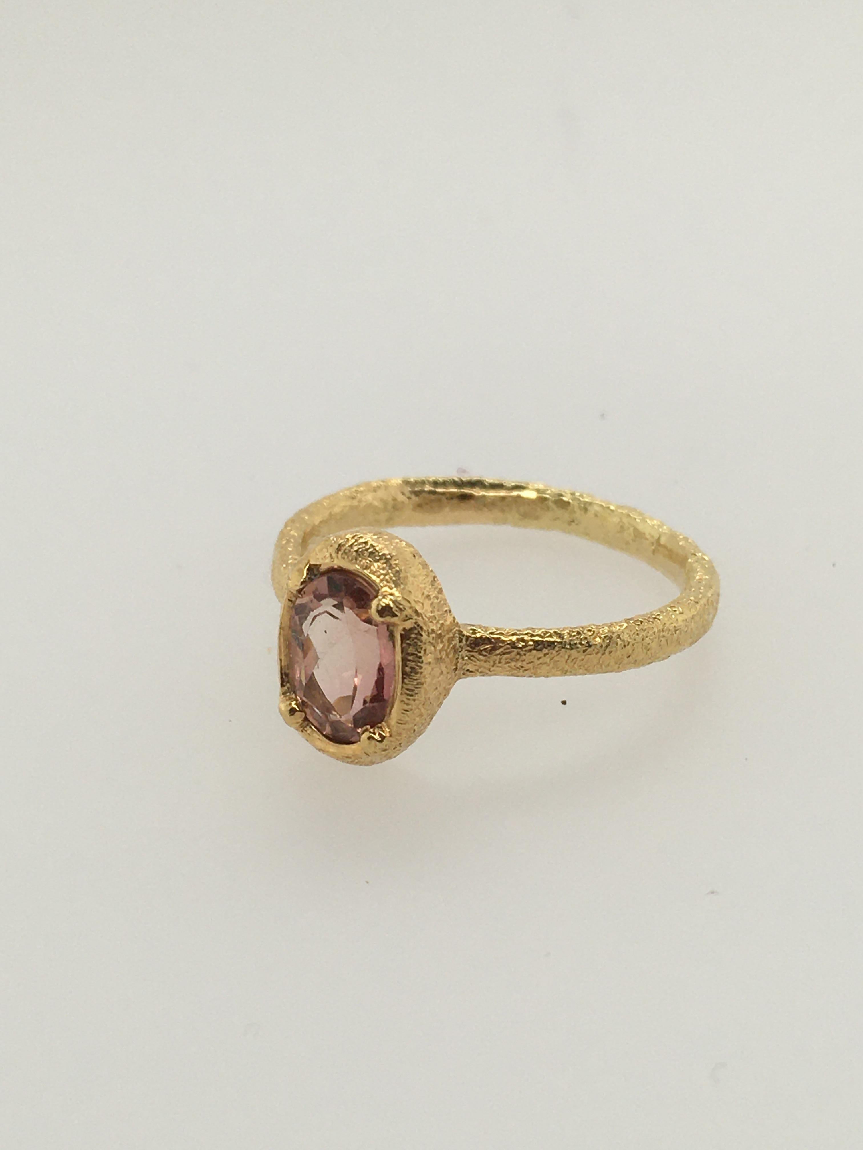 Modern PATRICIA DAUNIS Oval Peach Tourmaline Set in Yellow Gold Stacking Ring  For Sale