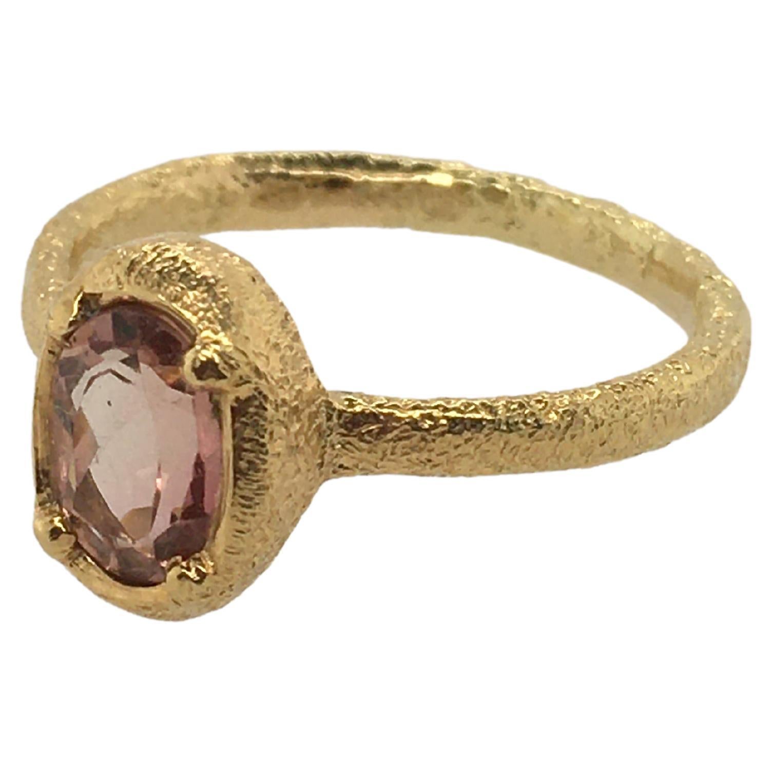 PATRICIA DAUNIS Oval Peach Tourmaline Set in Yellow Gold Stacking Ring  For Sale