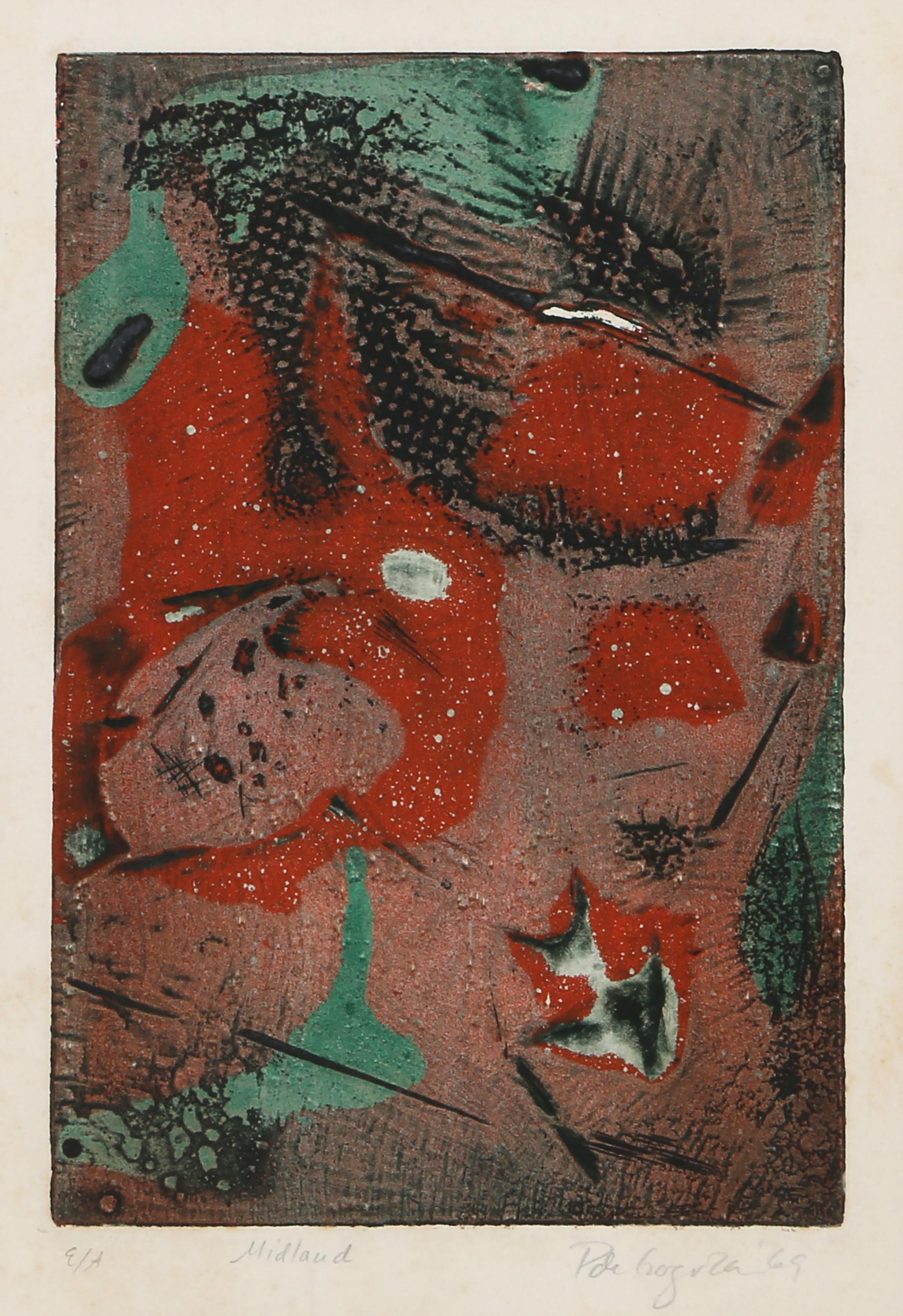 Patricia De Gogorza, Amerikanerin (1937 - ) - Midland, Jahr:  1969, Medium:  Radierung und Aquatinta, signiert, betitelt, nummeriert und datiert mit Bleistift, Auflage:  EA, Bildgröße:  8,75 x 5,75 Zoll, Größe:  16 x 12 Zoll (40,64 x 30,48 cm) 