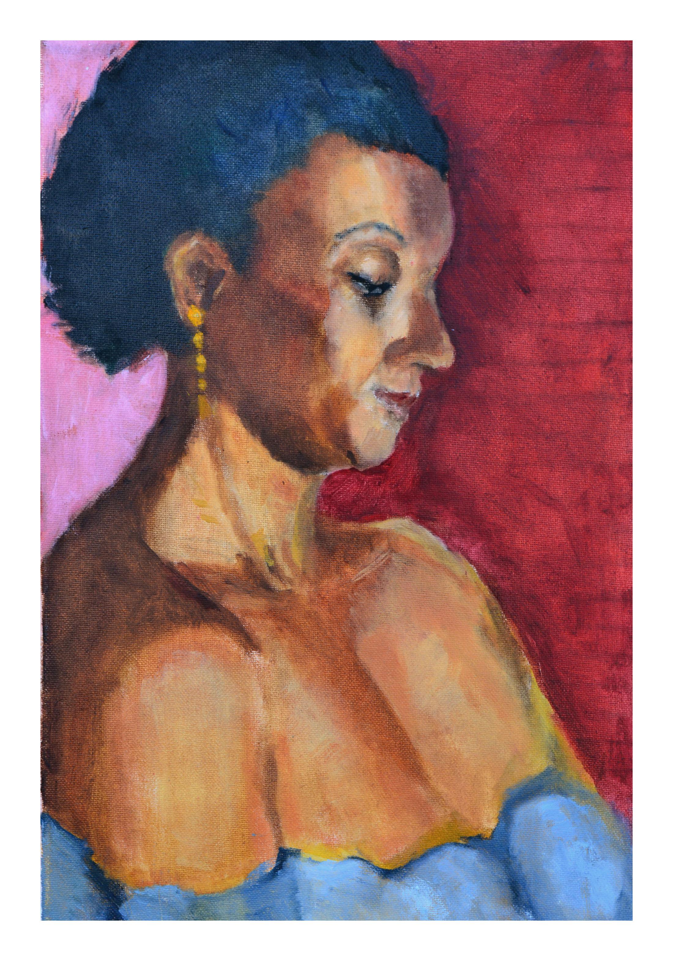 Portrait d'une femme avec des boucles d'oreilles en or  - Painting de Patricia Emrich Gillfillan