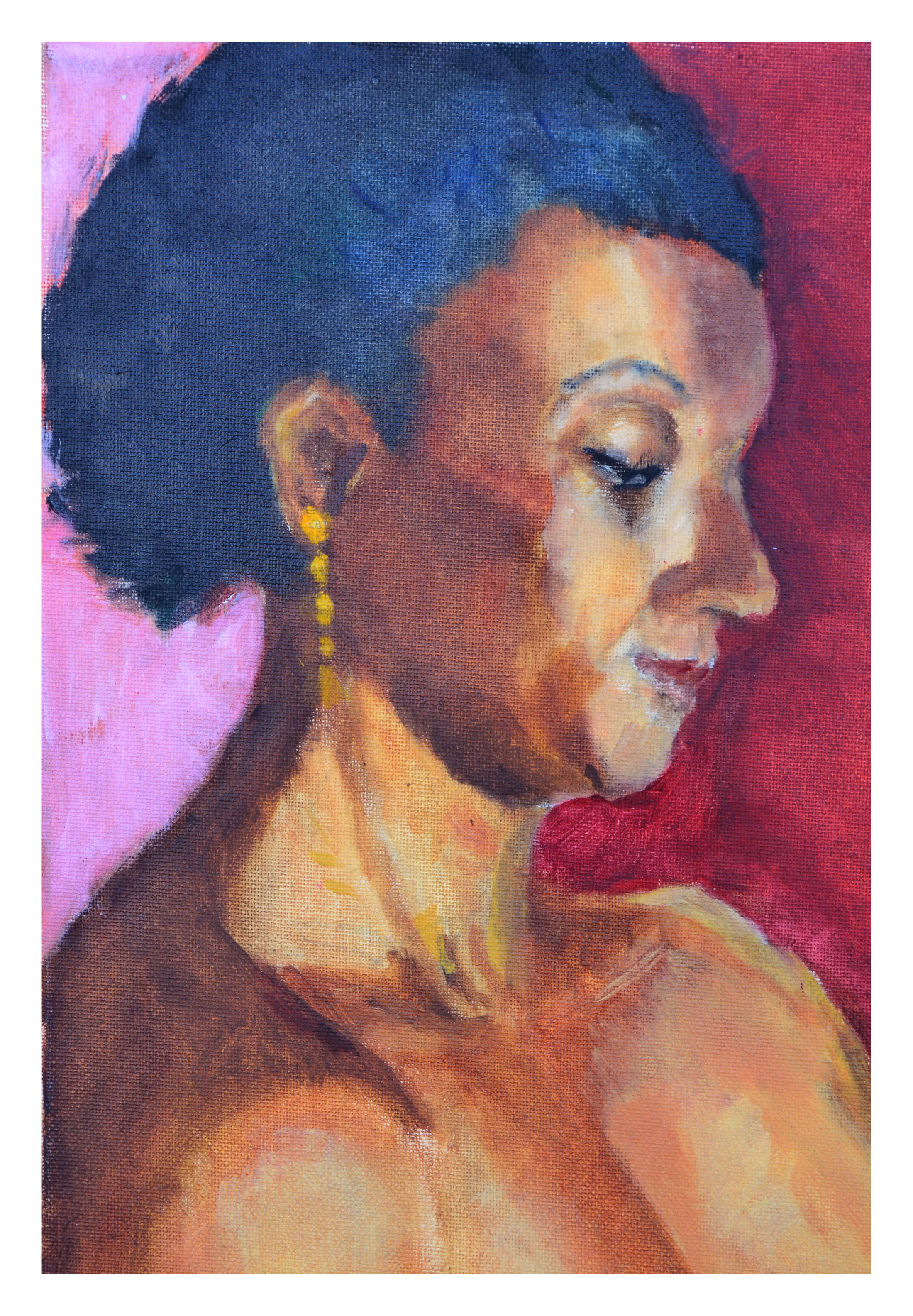Portrait d'une femme avec des boucles d'oreilles en or  - Impressionnisme américain Painting par Patricia Emrich Gillfillan