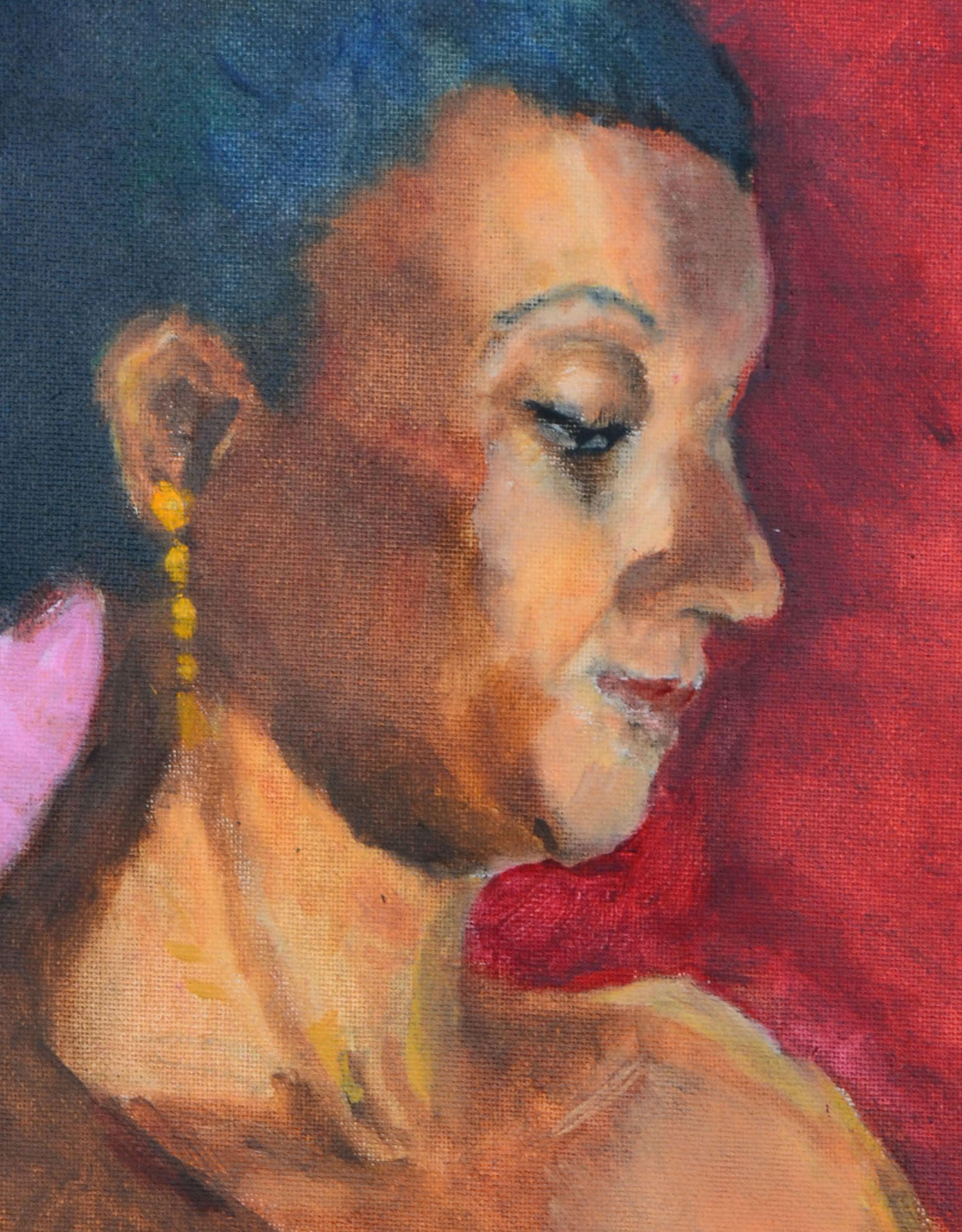 Portrait d'une femme avec des boucles d'oreilles en or  - Marron Portrait Painting par Patricia Emrich Gillfillan