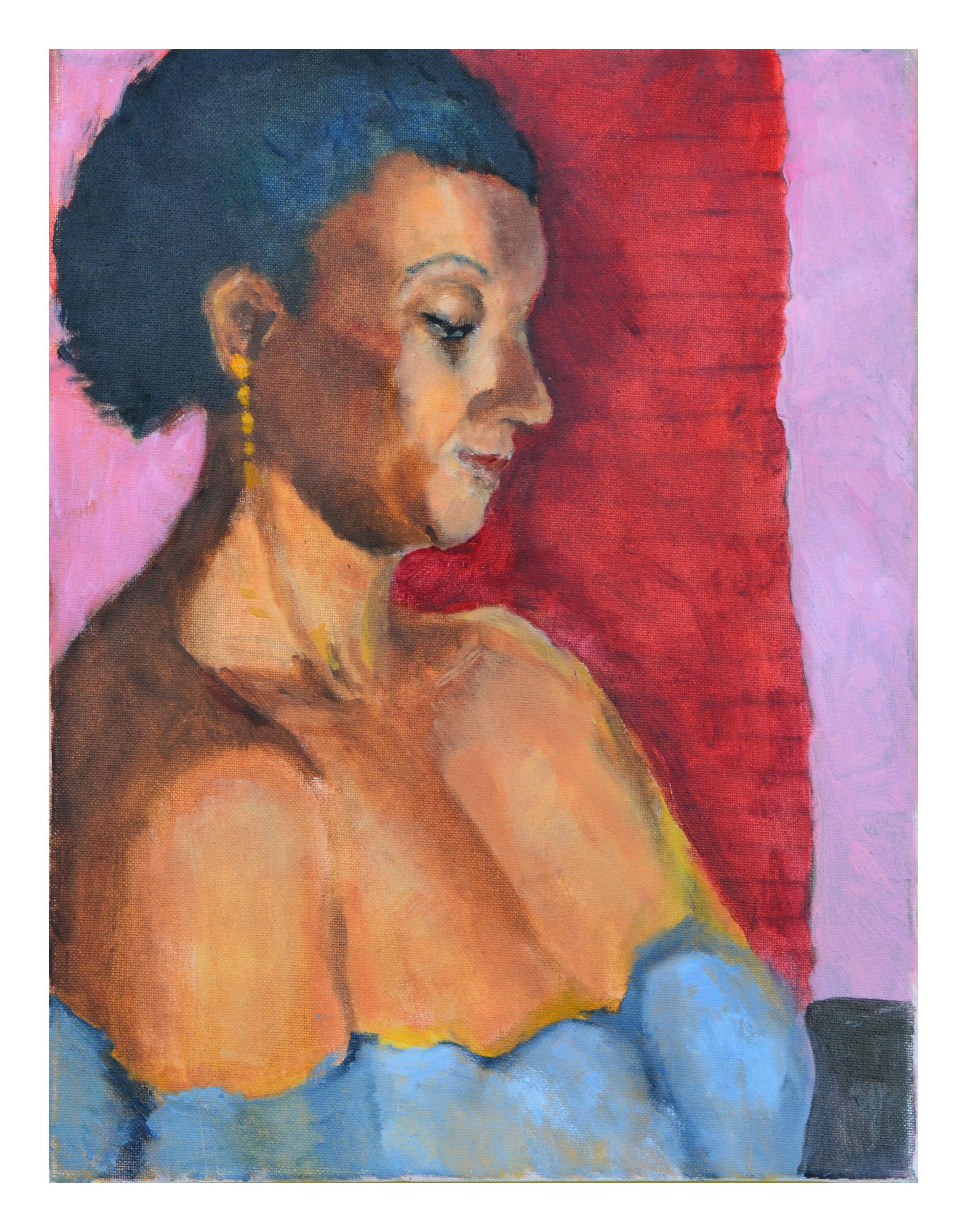 Portrait Painting Patricia Emrich Gillfillan - Portrait d'une femme avec des boucles d'oreilles en or 