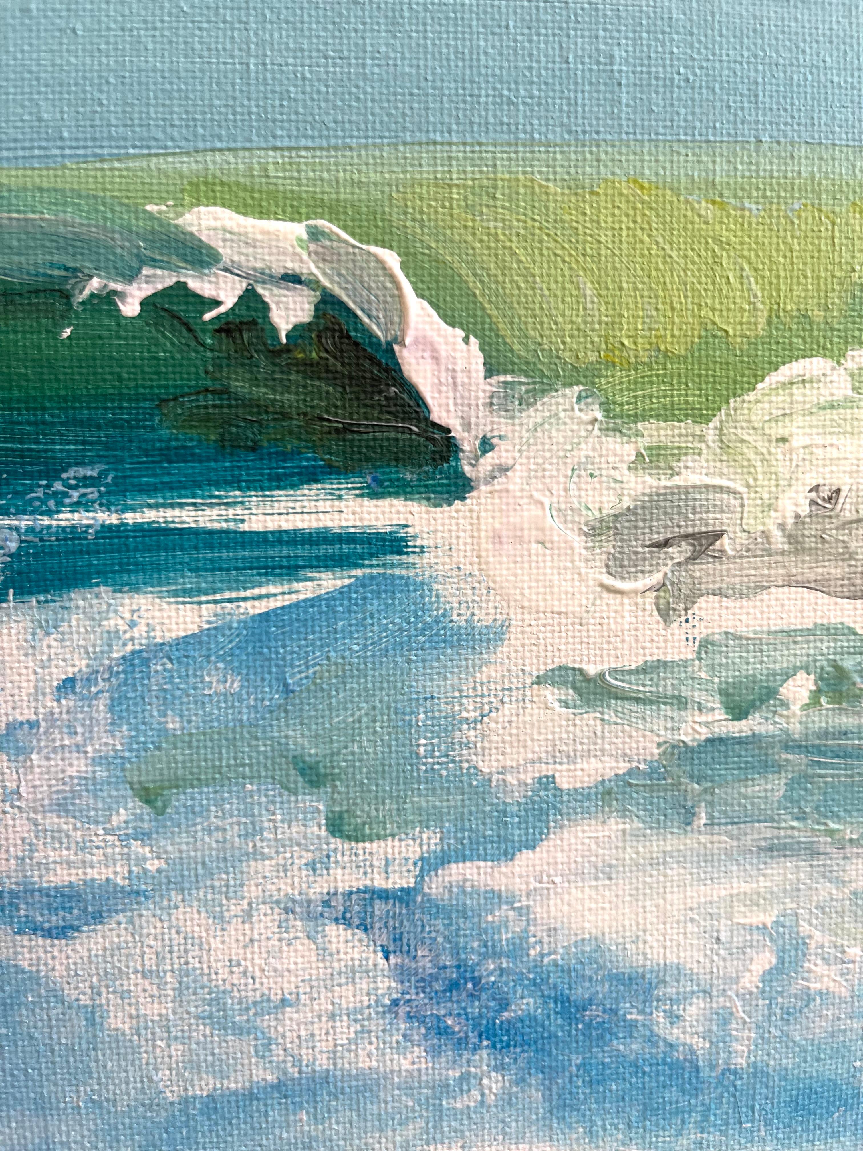 <p>Artist Comments<br>Artist Patricia Fabian captures a thrilling scene of a perfect pipeline cascading to the shore. The wave shines an emerald hue as the sunlight illuminates the water and crashes into white sea foam. Patricia paints in fresh