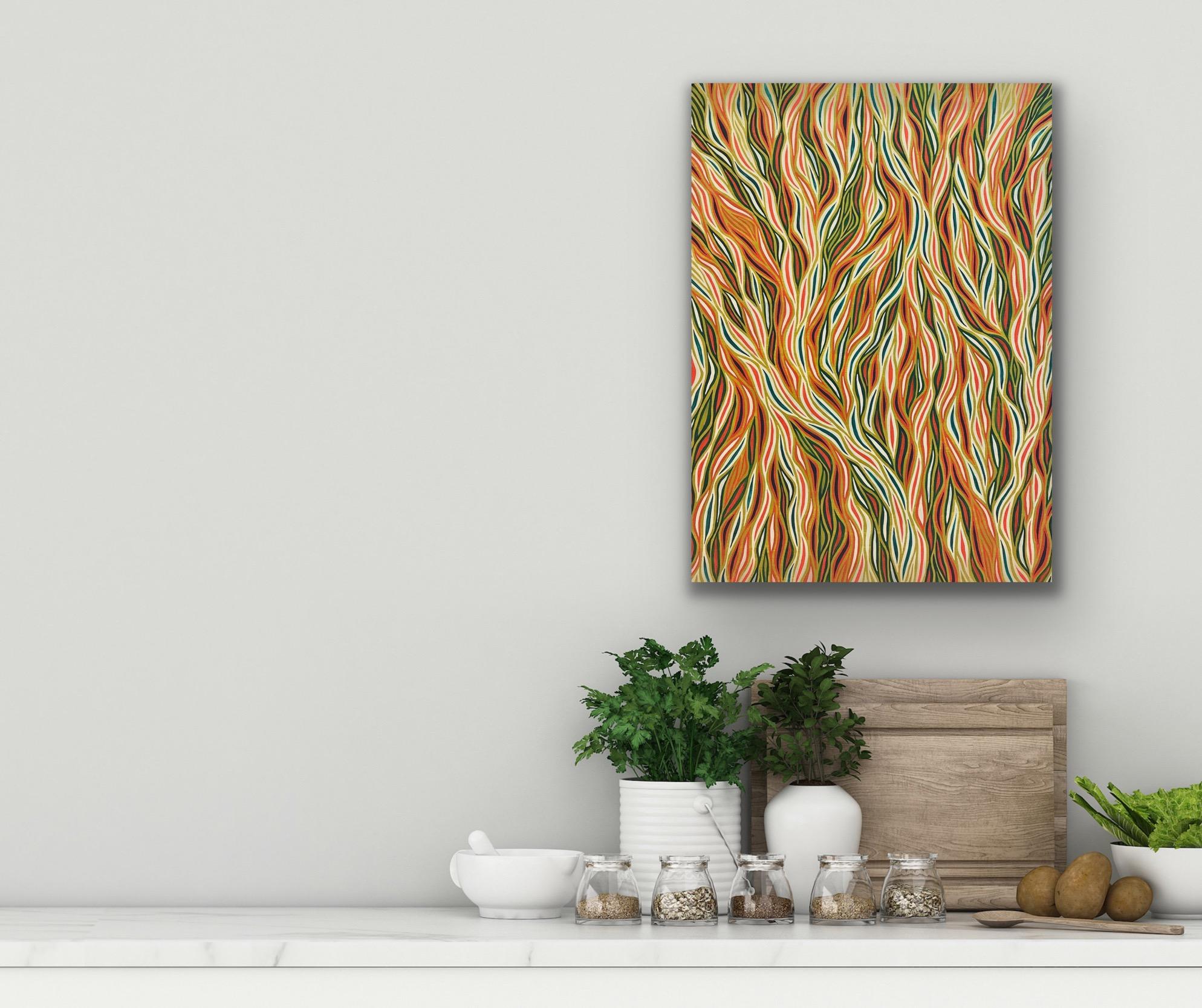 Autumn toned wavy lined contemporary optical art abstract painting - Painting by Patricia Fabricant