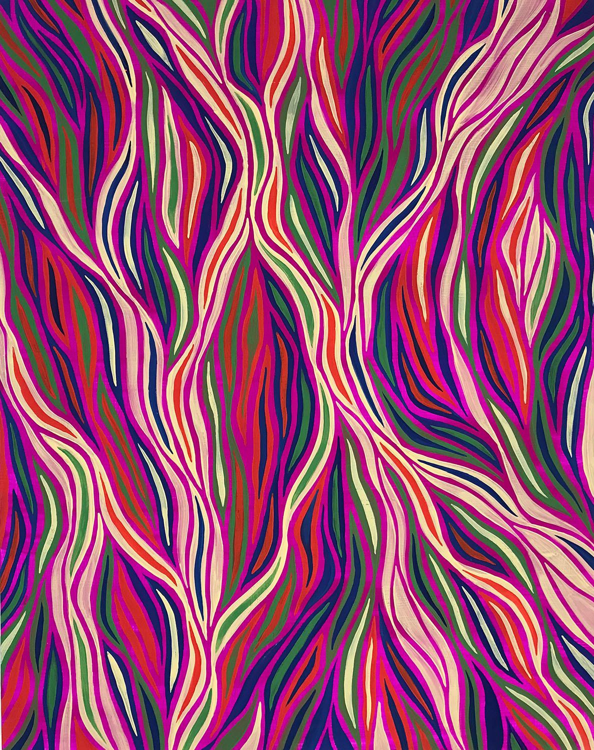 This vivid bright pink optical abstraction have wavy lines that undulate on the surface. 

Artist Statement:
I have a deep and abiding interest in process-driven work, from mandalas and yantras to Aboriginal song-line paintings, Islamic tiles, and