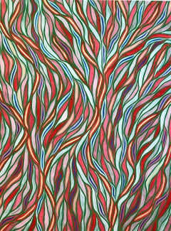 Wavy red, pink and light blue patterned optical abstraction 