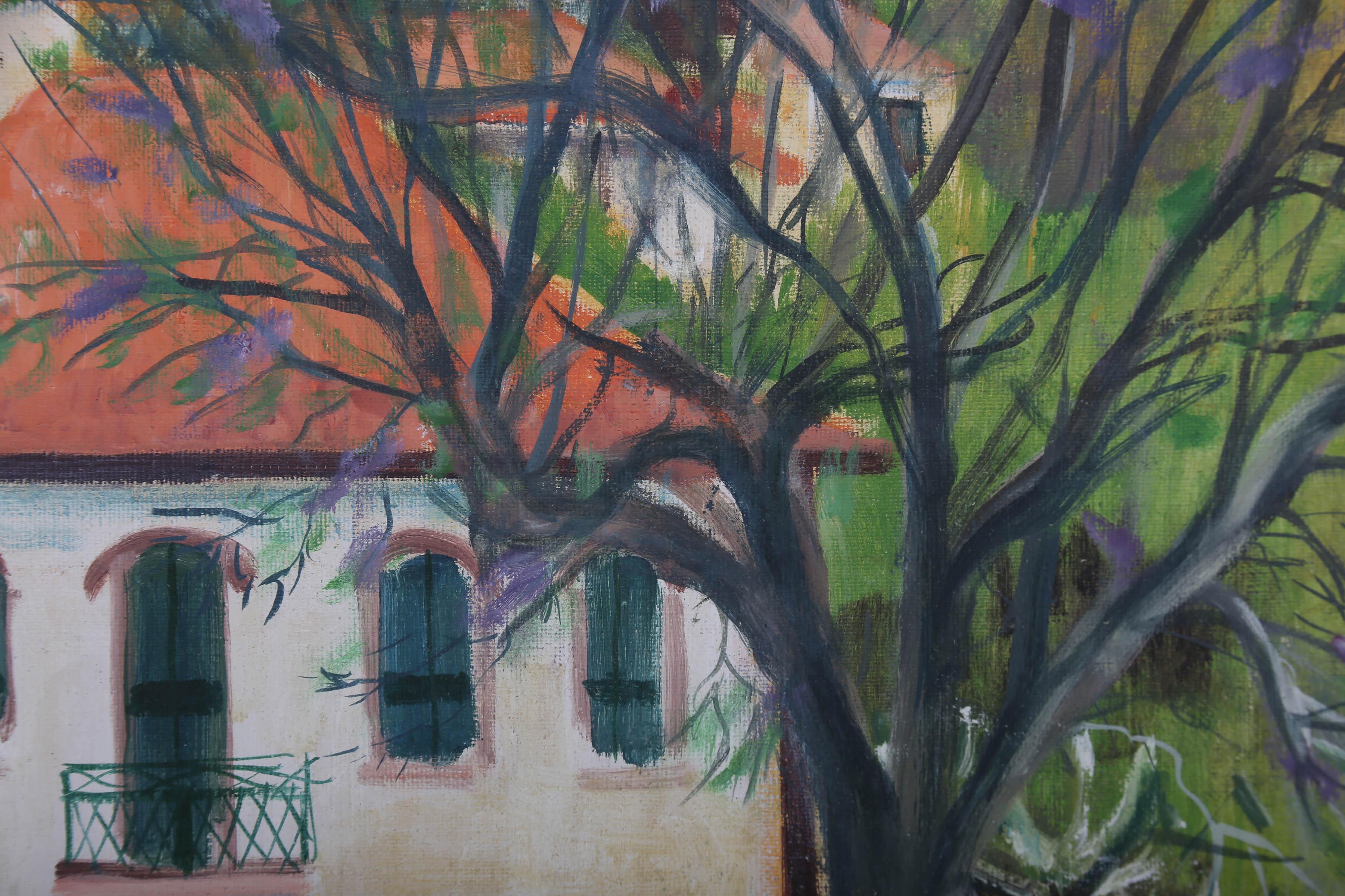 A vibrant oil painting by Patricia Faust (fl.1950-2000), depicting a grand Portuguese villa in the botanical hills of Funchal. Signed and dated to the lower right-hand corner. On canvas on stretchers.
