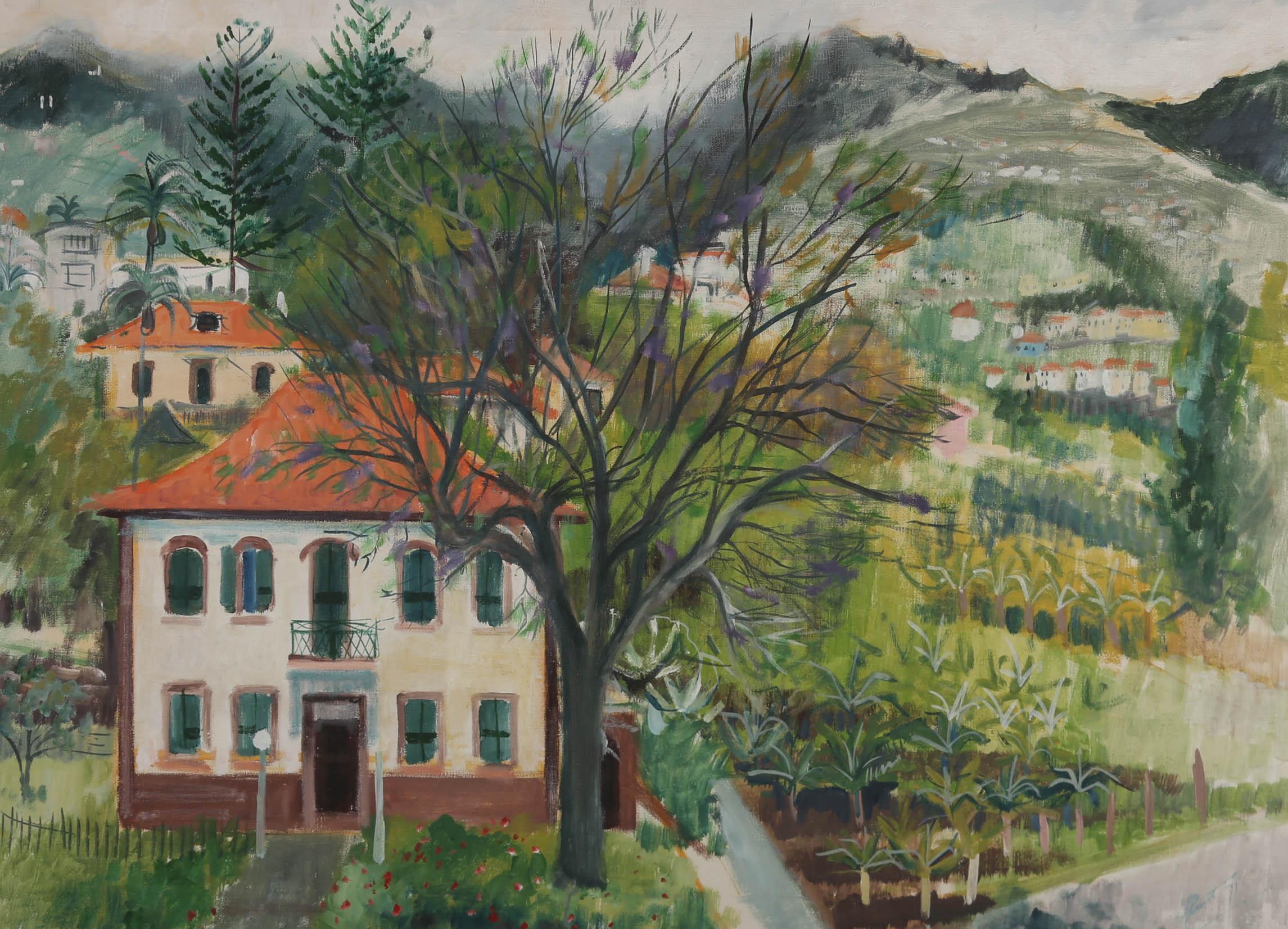Une vibrante peinture à l'huile de Patricia Faust (fl.1950-2000), représentant une grande villa portugaise dans les collines botaniques de Funchal. Signé et daté dans le coin inférieur droit. Sur toile sur châssis.
