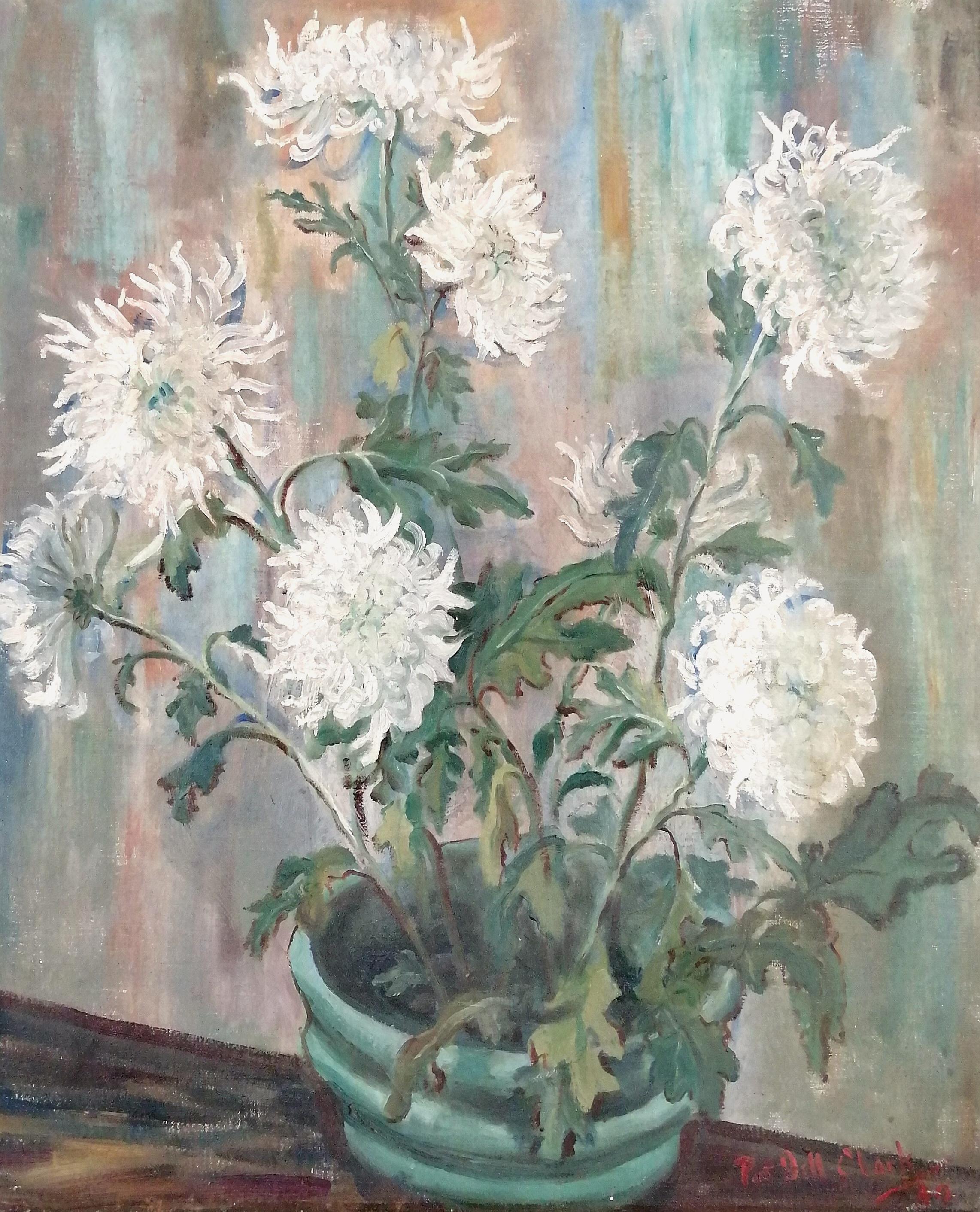 A beautiful large signed and dated 1940 modern British oil on canvas by Patricia Fell-Clark, the painter and novelist known for introducing the Beatles to Ravi Shankar.

The work depicts chrysanthemums in a green plant pot and is presented it's