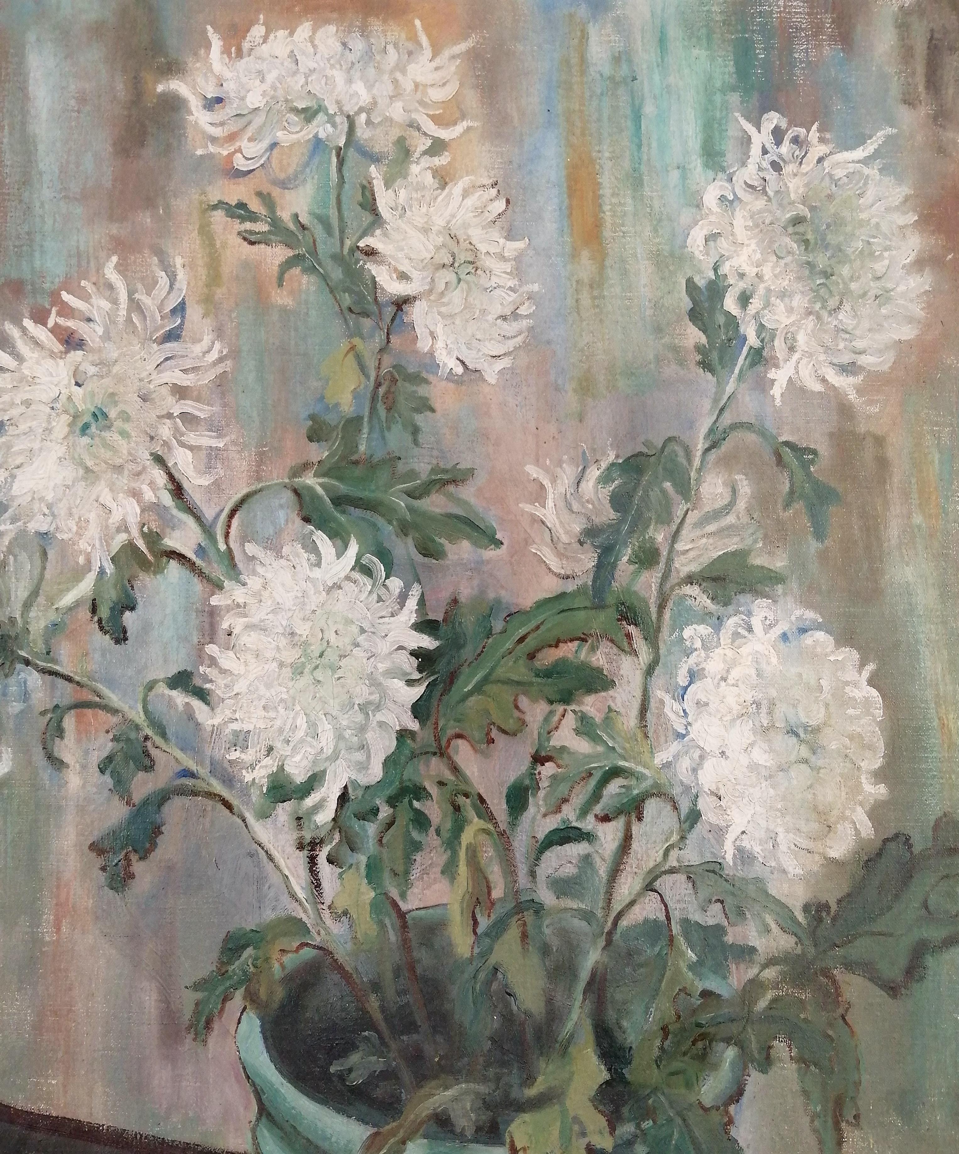 Chrysanthemums in a Green Pot - Modern British Flowers Still Life Oil Painting For Sale 1