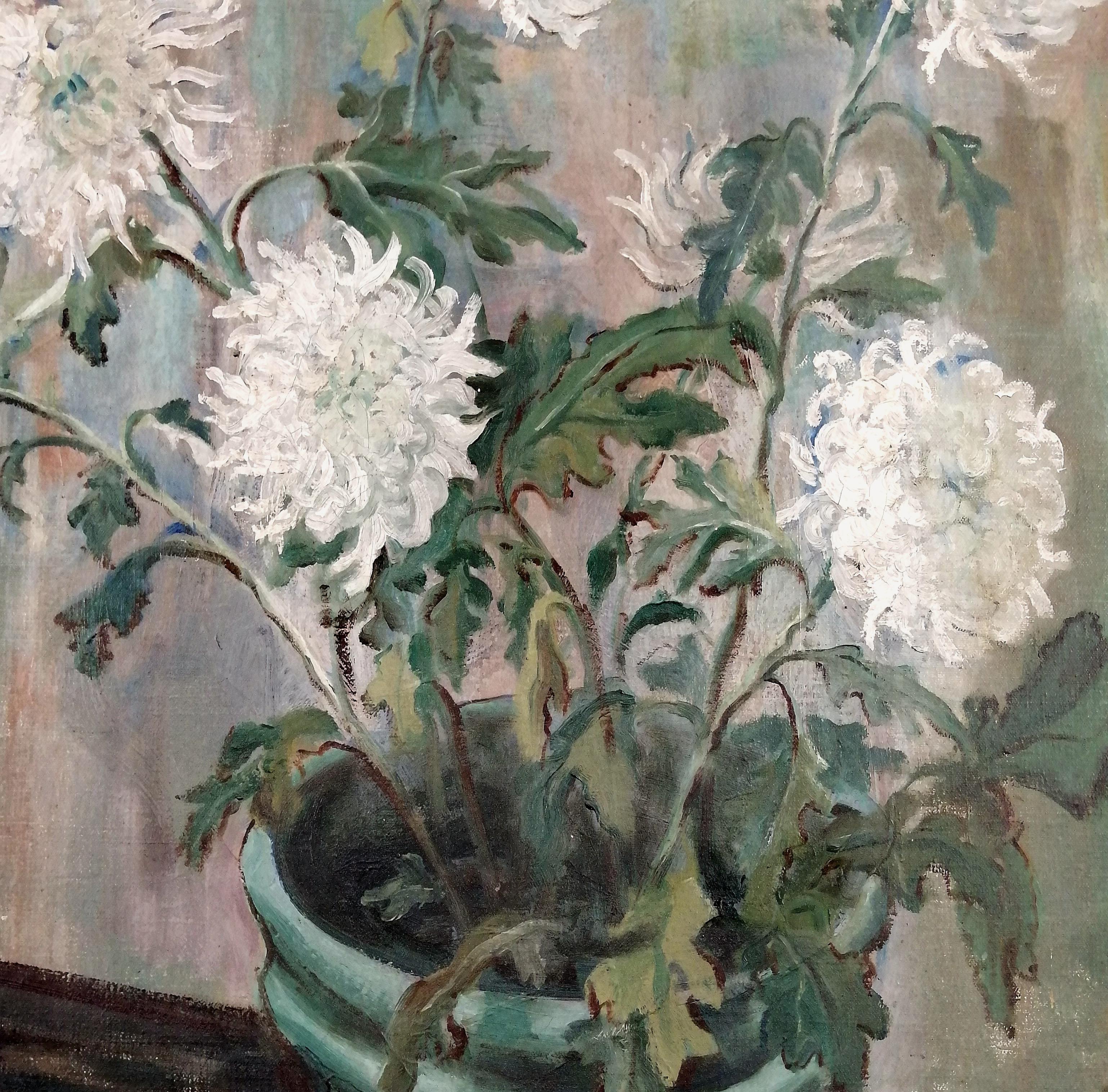 Chrysanthemums in a Green Pot - Modern British Flowers Still Life Oil Painting For Sale 3