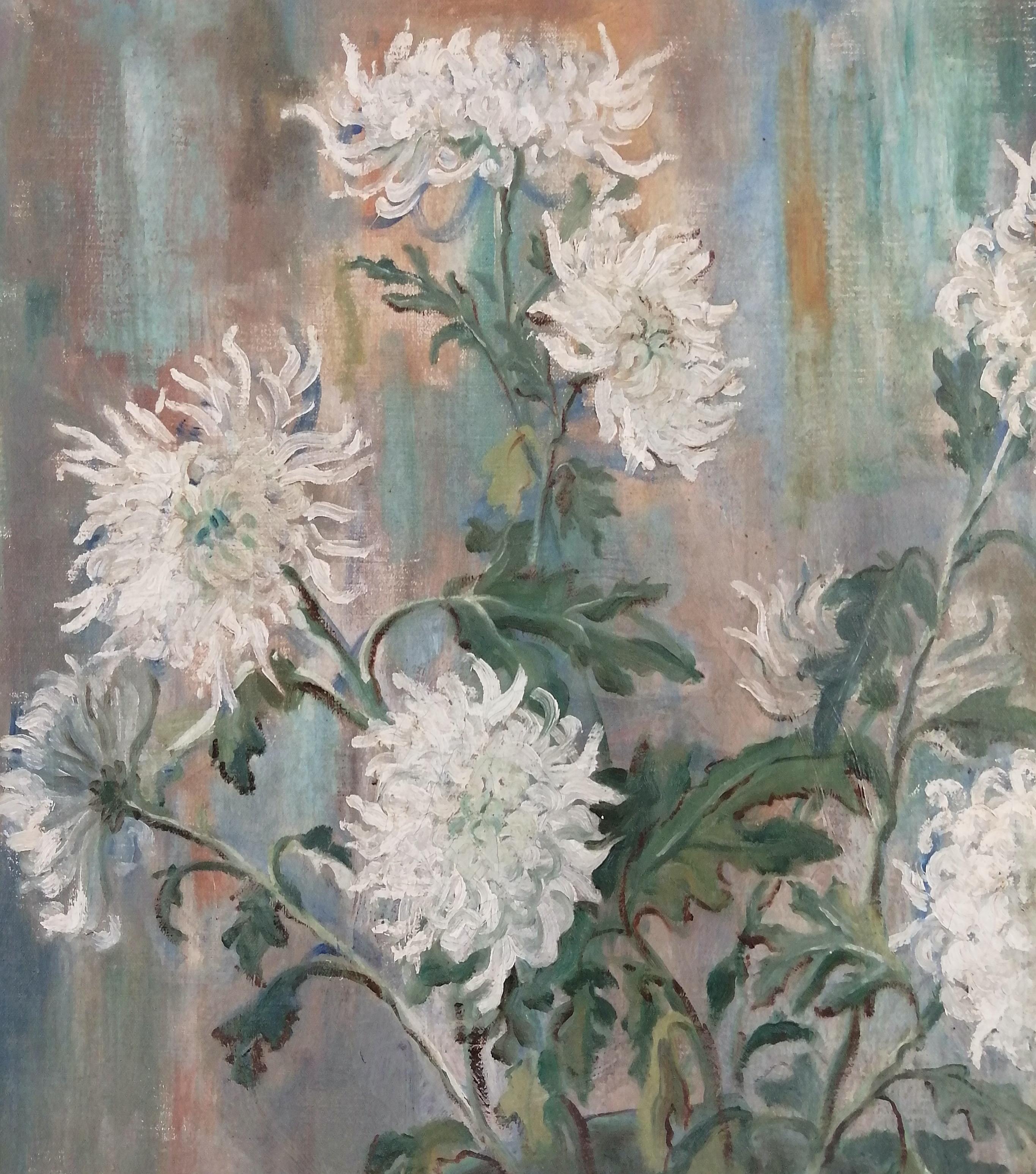 Chrysanthemums in a Green Pot - Modern British Flowers Still Life Oil Painting For Sale 4