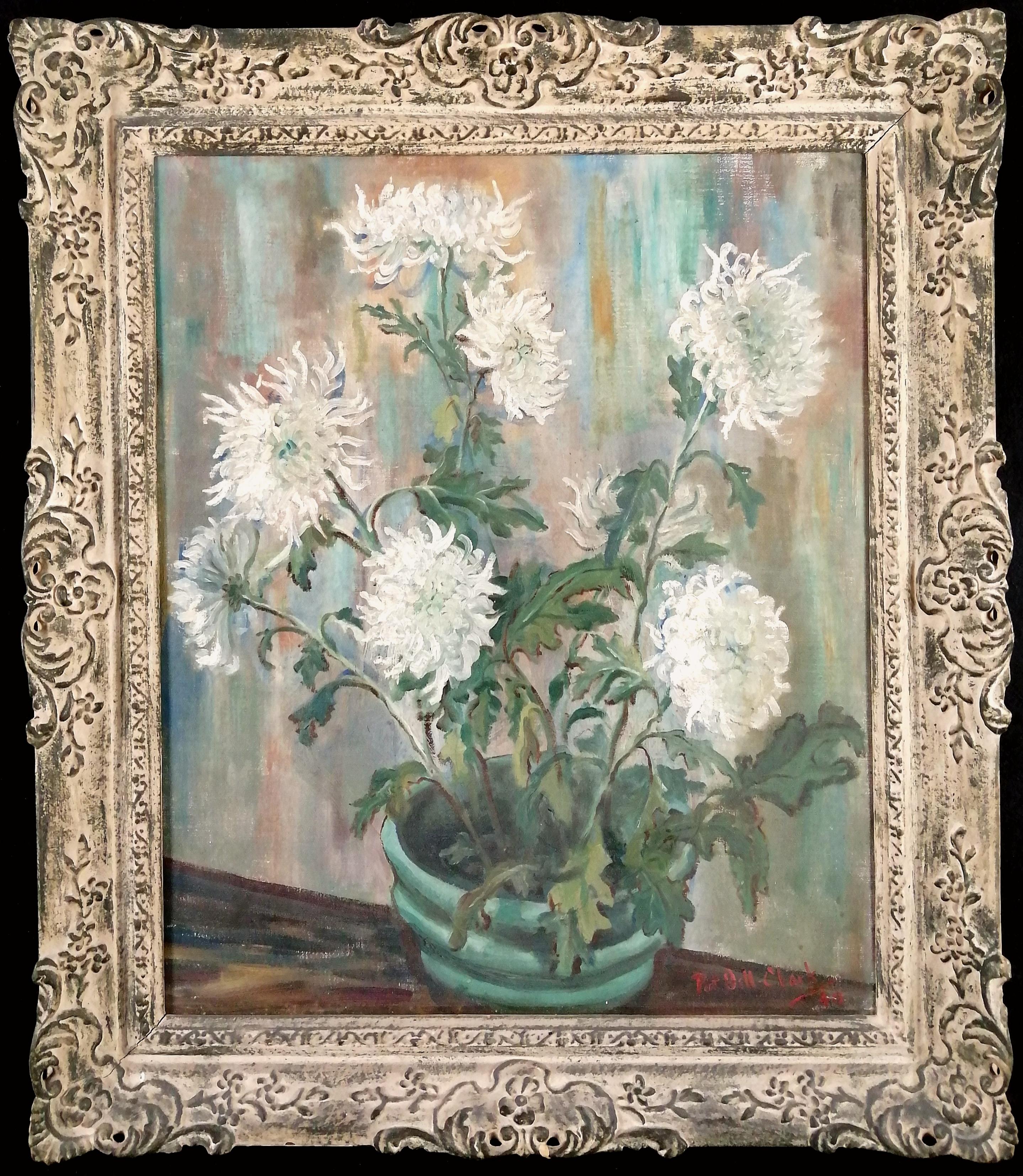 Patricia Fell-Clark Still-Life Painting - Chrysanthemums in a Green Pot - Modern British Flowers Still Life Oil Painting