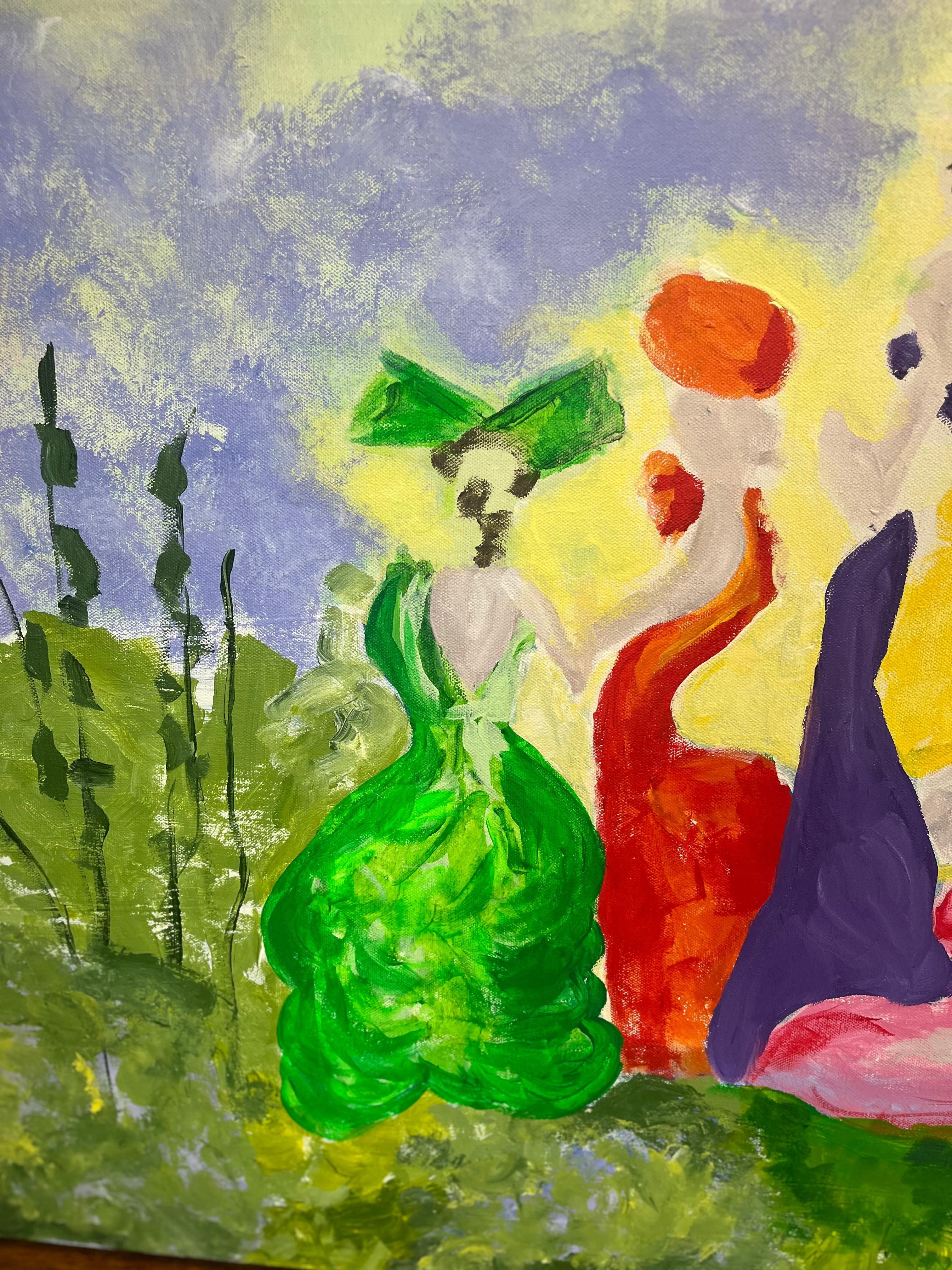 Les Demoiselles Take A Stroll 36 X48, Les Demoiselles (Beige), Figurative Painting, von Patricia Forelle
