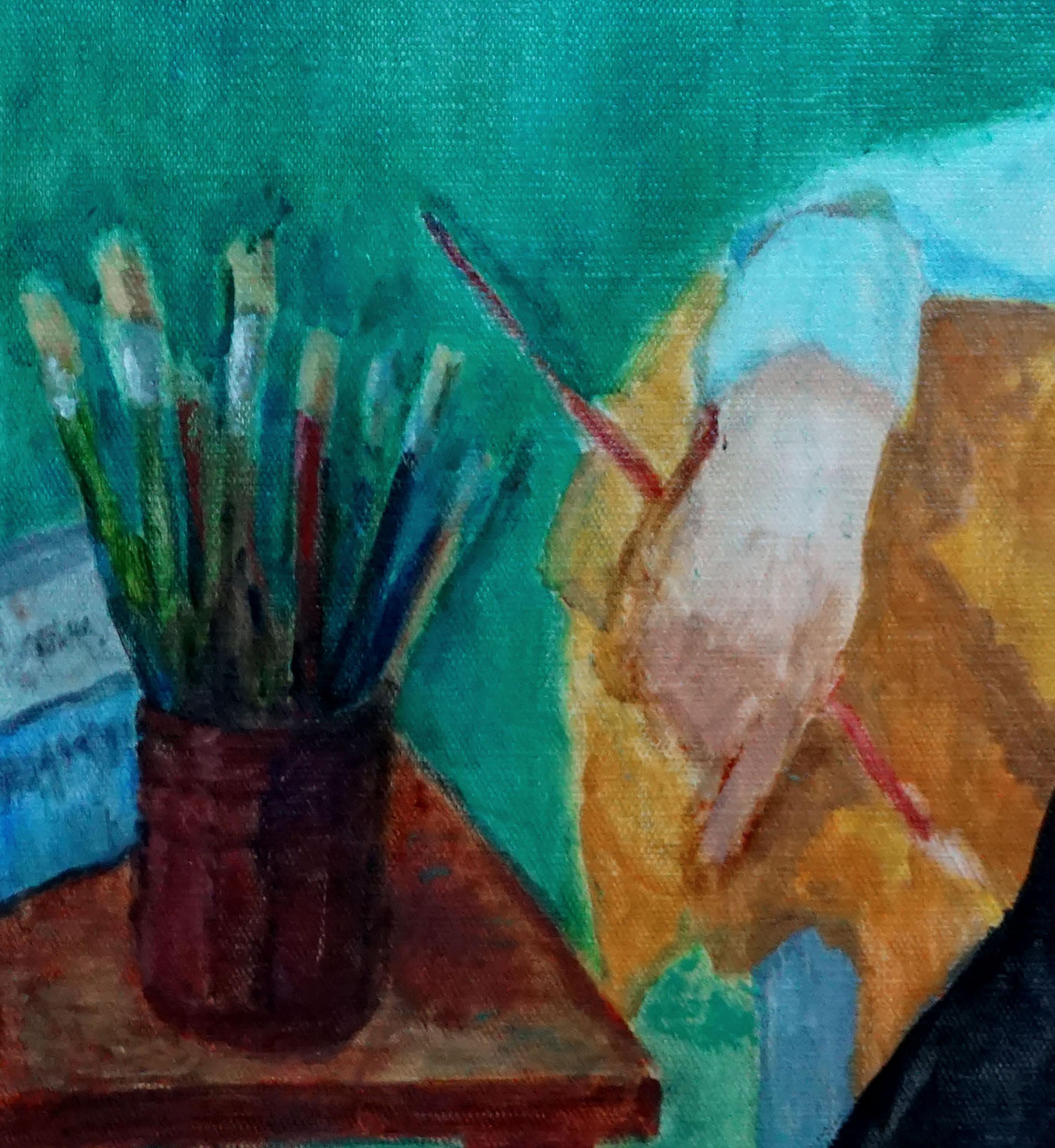 Female Figure with Paintbrushes  - Blue Interior Painting by Patricia Gillfillan
