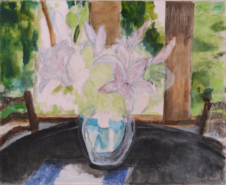 Lily's and Glass Vase by Patricia Gillfillan 
Painterly study of a Glass vase and Lillys by Monterey California-area artist Patricia Gillfillan (American, 1924-2016). Unsigned, from a collection of her signed works. Unframed. Painting: Size, 20"L x