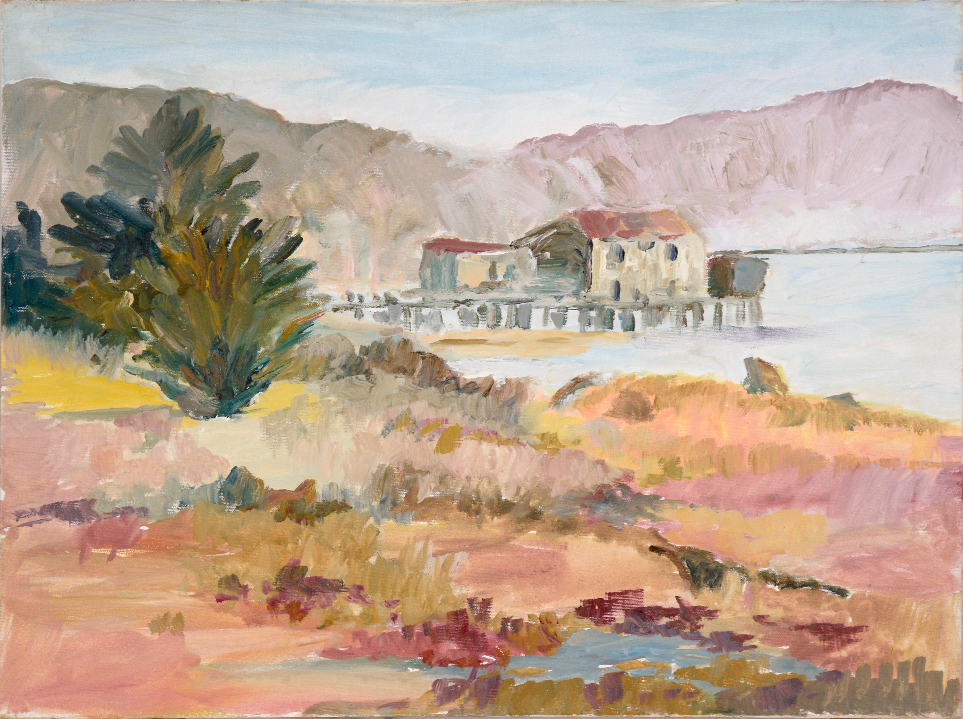 Landscape Painting di Patricia Gillfillan - Molo sopra la palude - Paesaggio costiero in acrilico