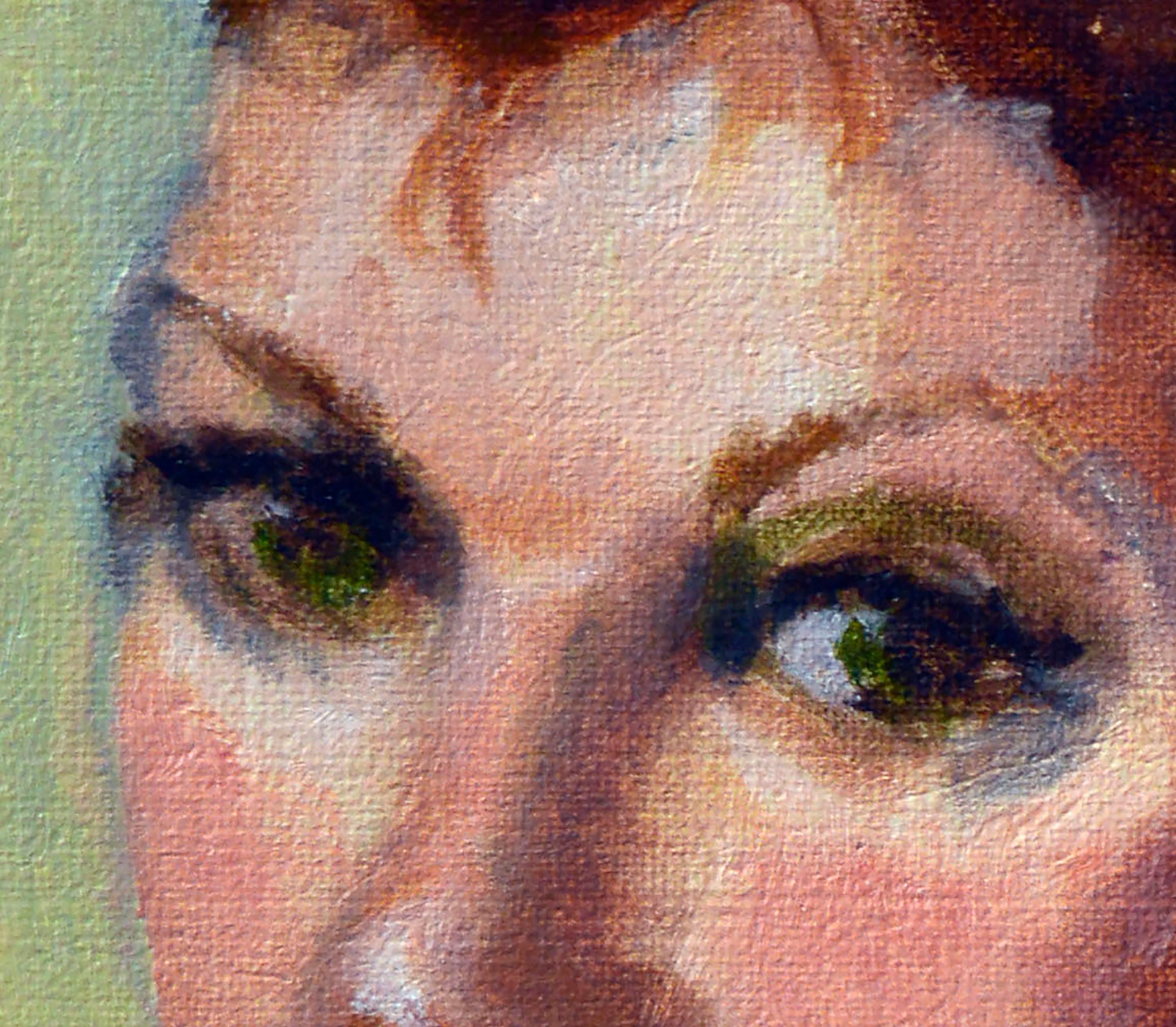 Porträt einer Frau mit grünen Augen, Porträt  (Braun), Portrait Painting, von Patricia Gillfillan