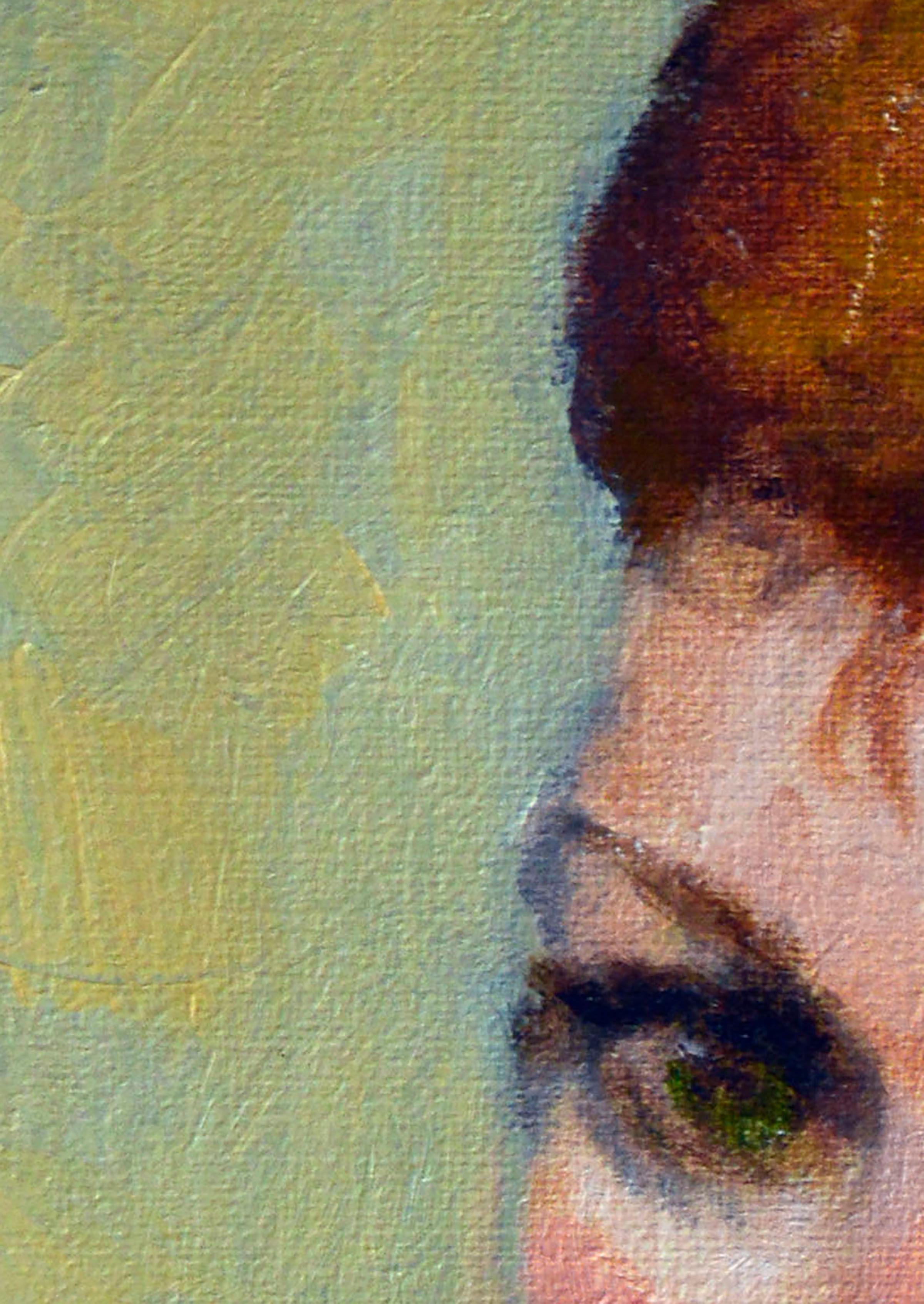 Porträt einer Frau mit grünen Augen, die durch den hellgrünen Hintergrund hervorgehoben werden, von der aus Monterey, Kalifornien stammenden Künstlerin Patricia Gillfillan (Amerikanerin, 1924-2016). Aus einer Sammlung ihrer Werke. Nicht signiert.