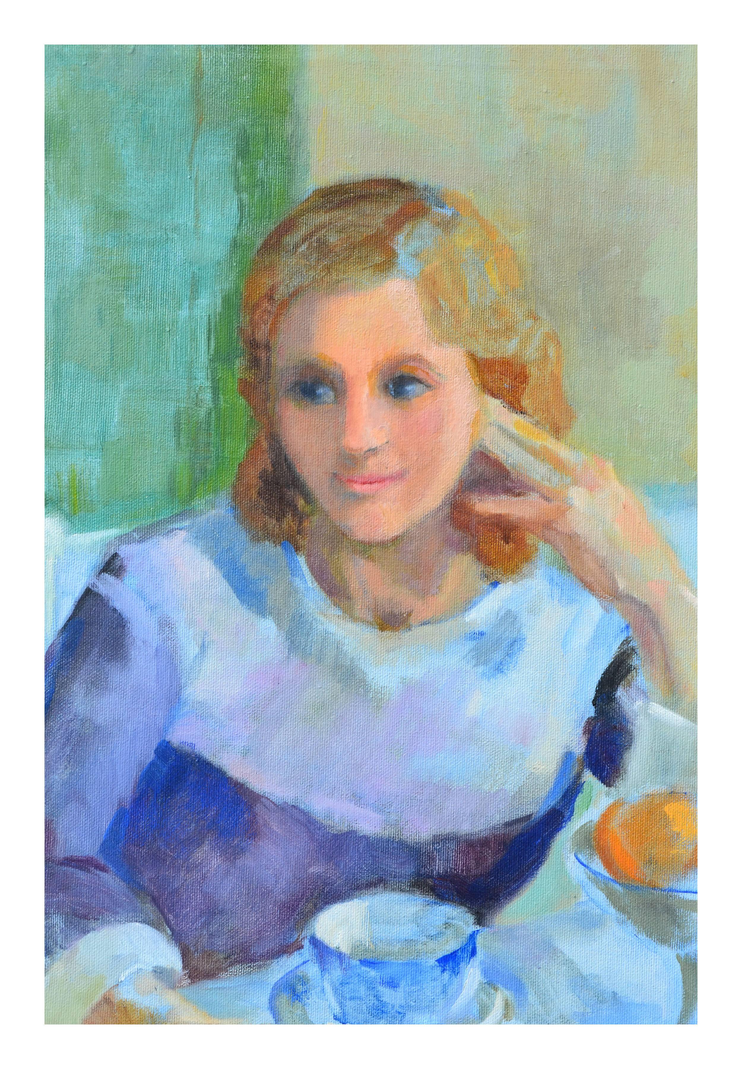 Figuración de la hora del té en óleo original sobre lienzo - Painting impresionista estadounidense de Patricia Gillfillan