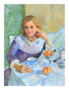Tea Time Figurative in Original Oil on Canvas