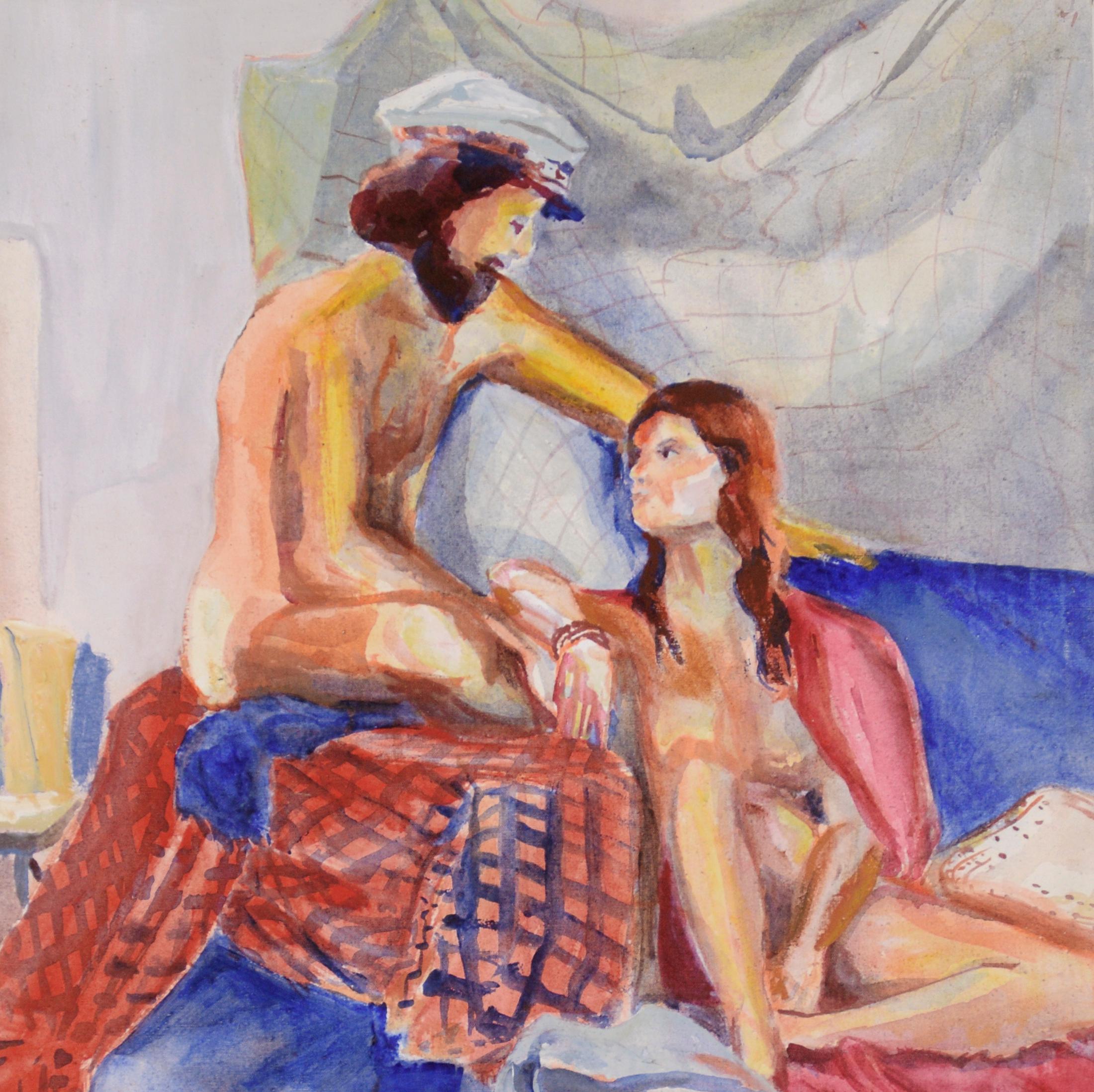 A Muse - Figurative Study in Oil on Canvas

A nude man wearing a sailor hat while he looks down at a woman sitting on sheets of red and blue by American painter, Patricia Gren Hayes (b. 1932). The man is wearing a captain's hat, looking down at the