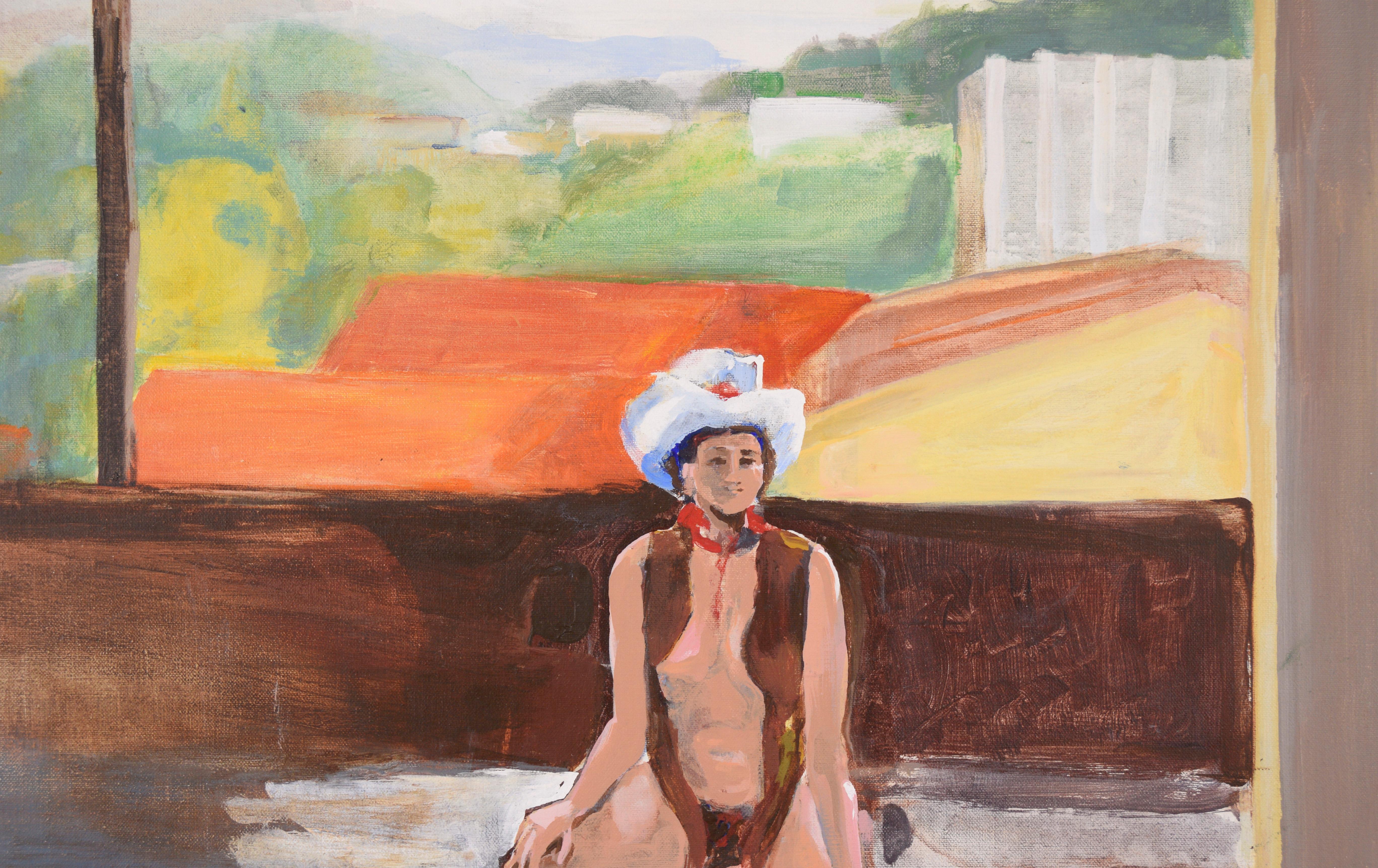 Cowgirl in the Studio - Étude figurative à l'huile sur toile

Une femme vêtue d'un gilet, d'un chapeau de cow-boy et de bottes, par la peintre américaine Patricia Gren Hayes (née en 1932). Le modèle est assis sur un tabouret dans un grand studio