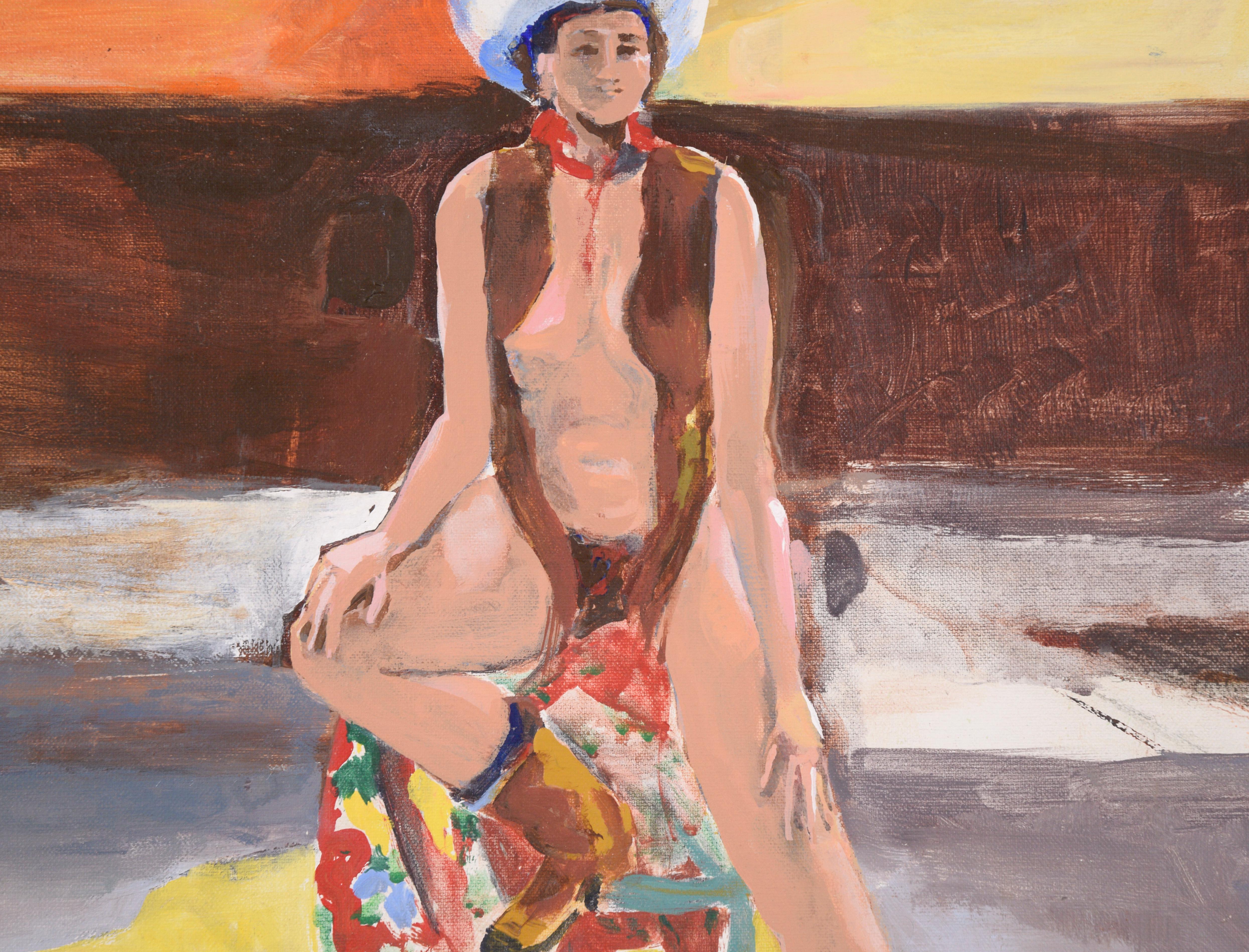 Cowgirl in the Studio - Étude figurative à l'huile sur toile en vente 1