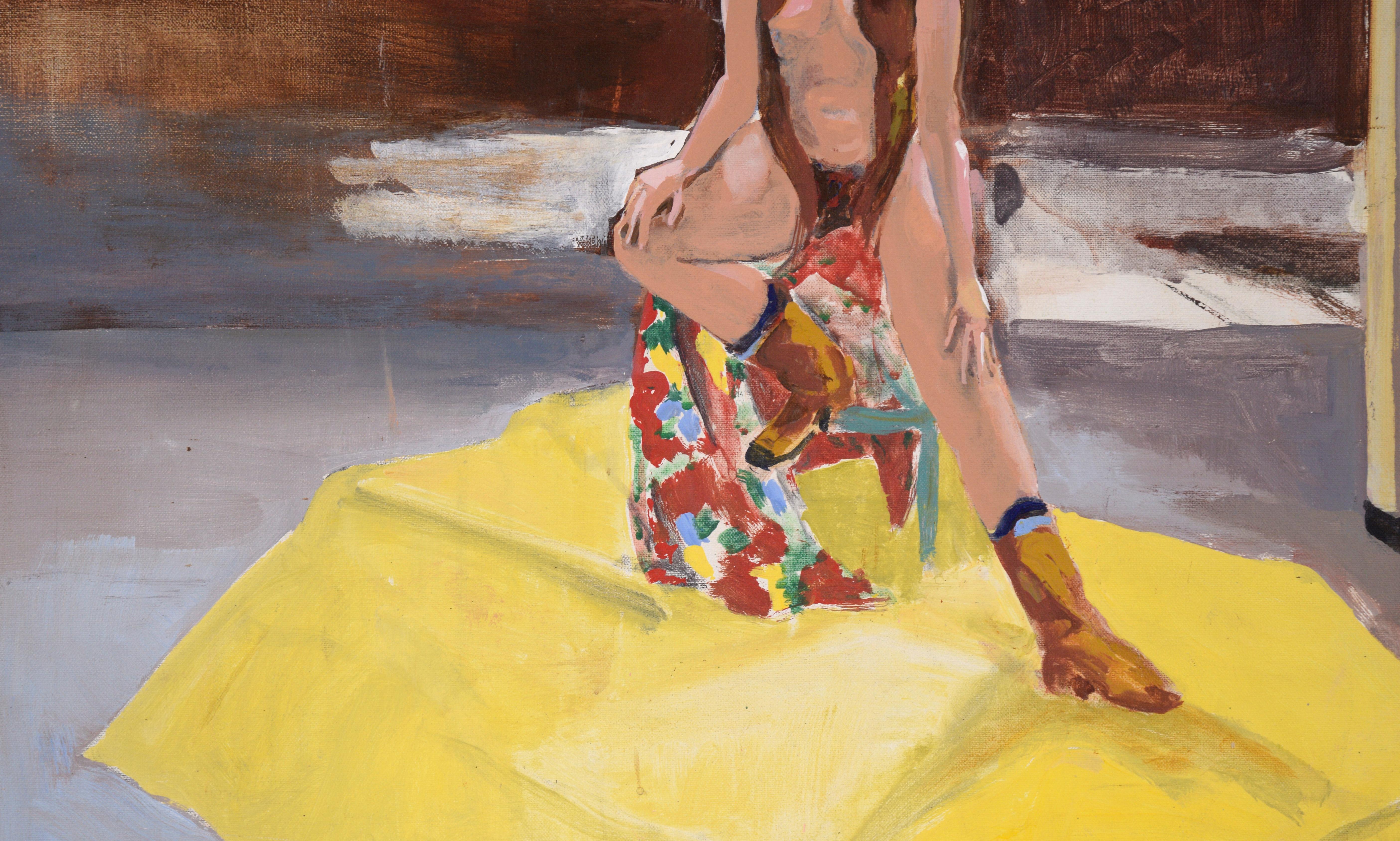 Cowgirl in the Studio - Étude figurative à l'huile sur toile en vente 2