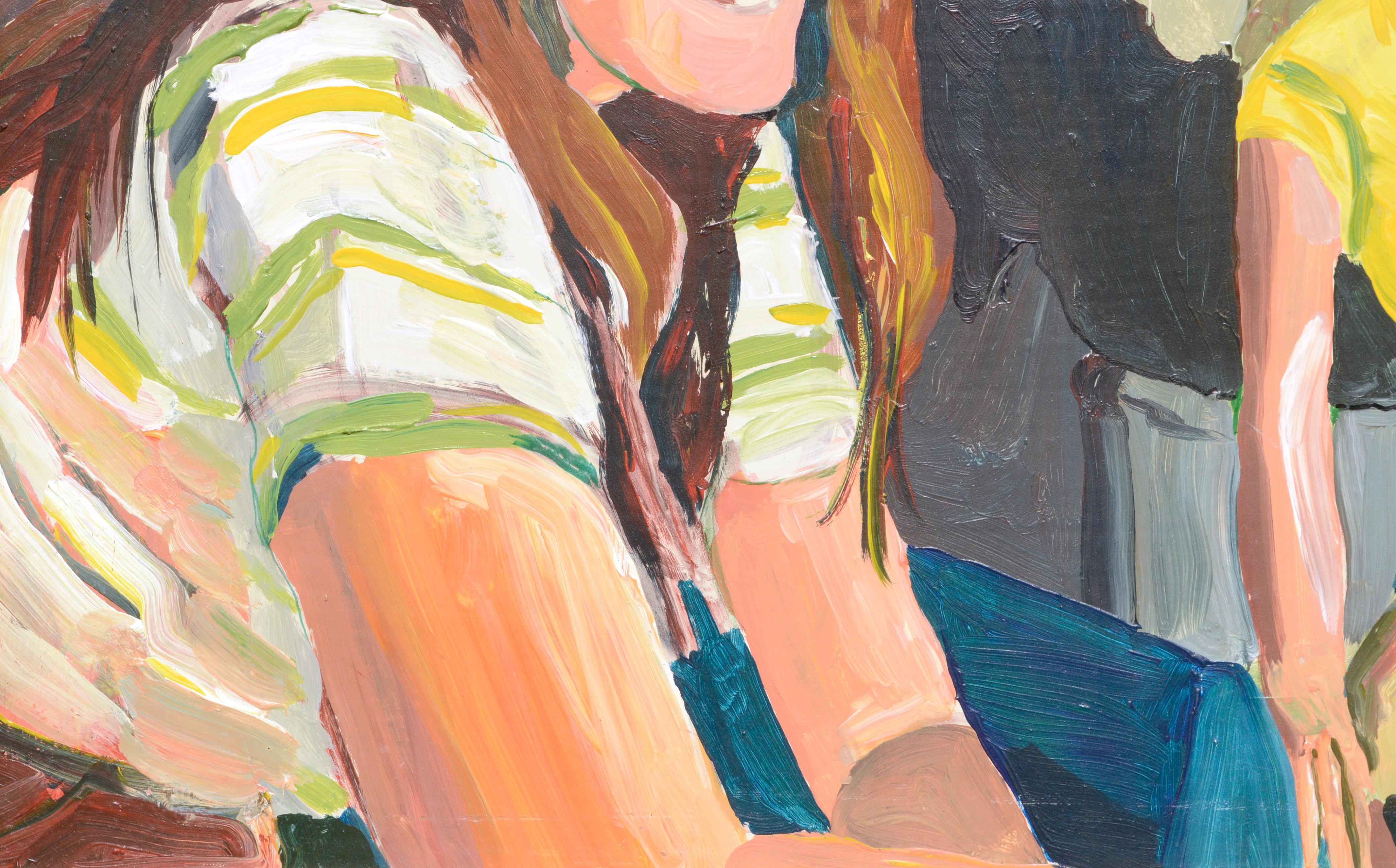 Gioiosa scena figurativa con due ciclisti sorridenti, collegati da una serie di punti colorati e vorticosi, di P. Gren Hayes (americano,  b. 1932). Firmato e datato 