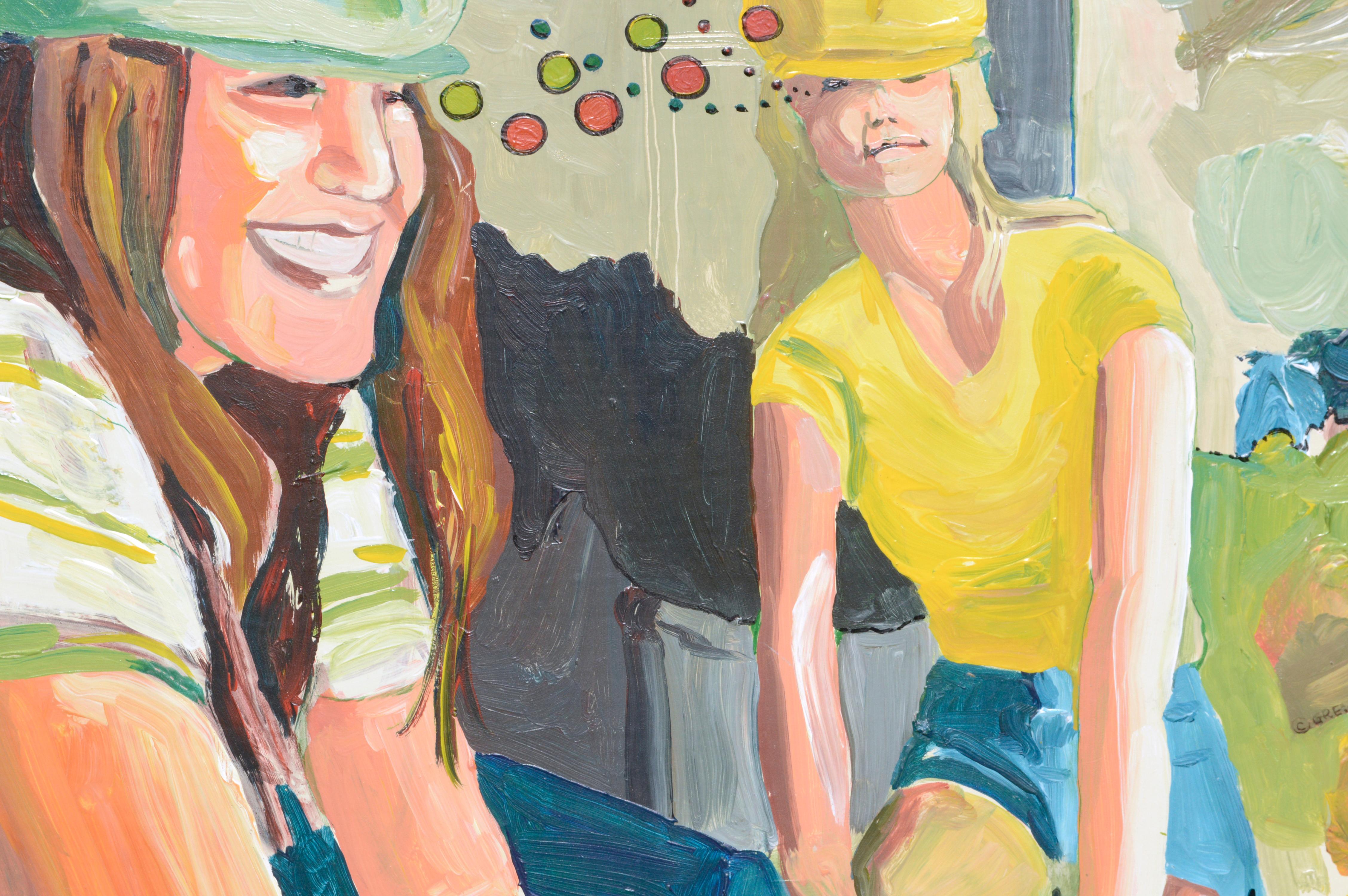 Cyclists in Love, Bay Area Figurative Movement - Brown Interior Painting by Patricia Gren Hayes