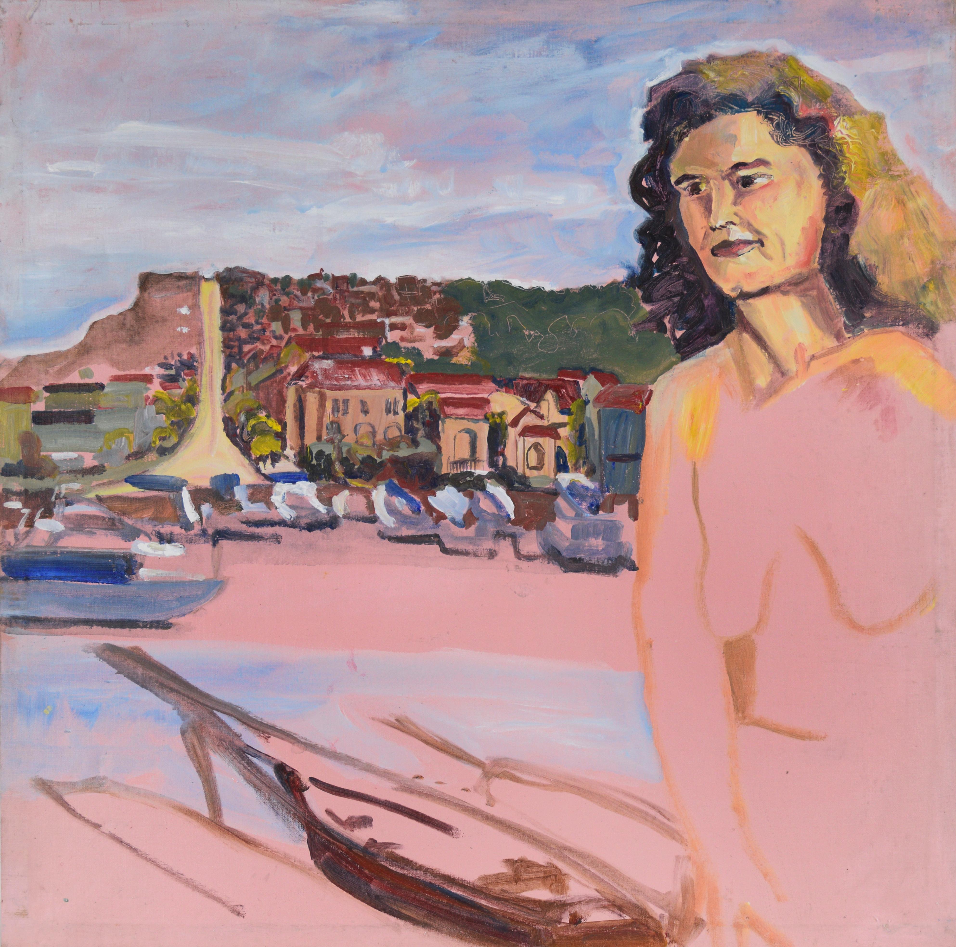Figurative Study In Sausalito by Patricia Gren Hayes Berkeley Figurative School

Modern painting of a nude woman with the Sausalito landscape in the background by American painter, Patricia Gren Hayes (b. 1932). A brunette woman is seen at the right