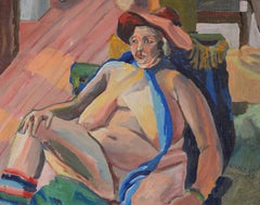 "In Front Of The Fire" - Original 1981 Modernist Oil on Canvas