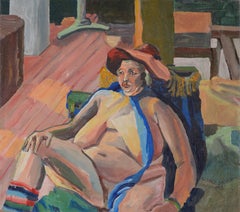 « In Front Of The Fire », huile sur toile moderniste originale de 1981