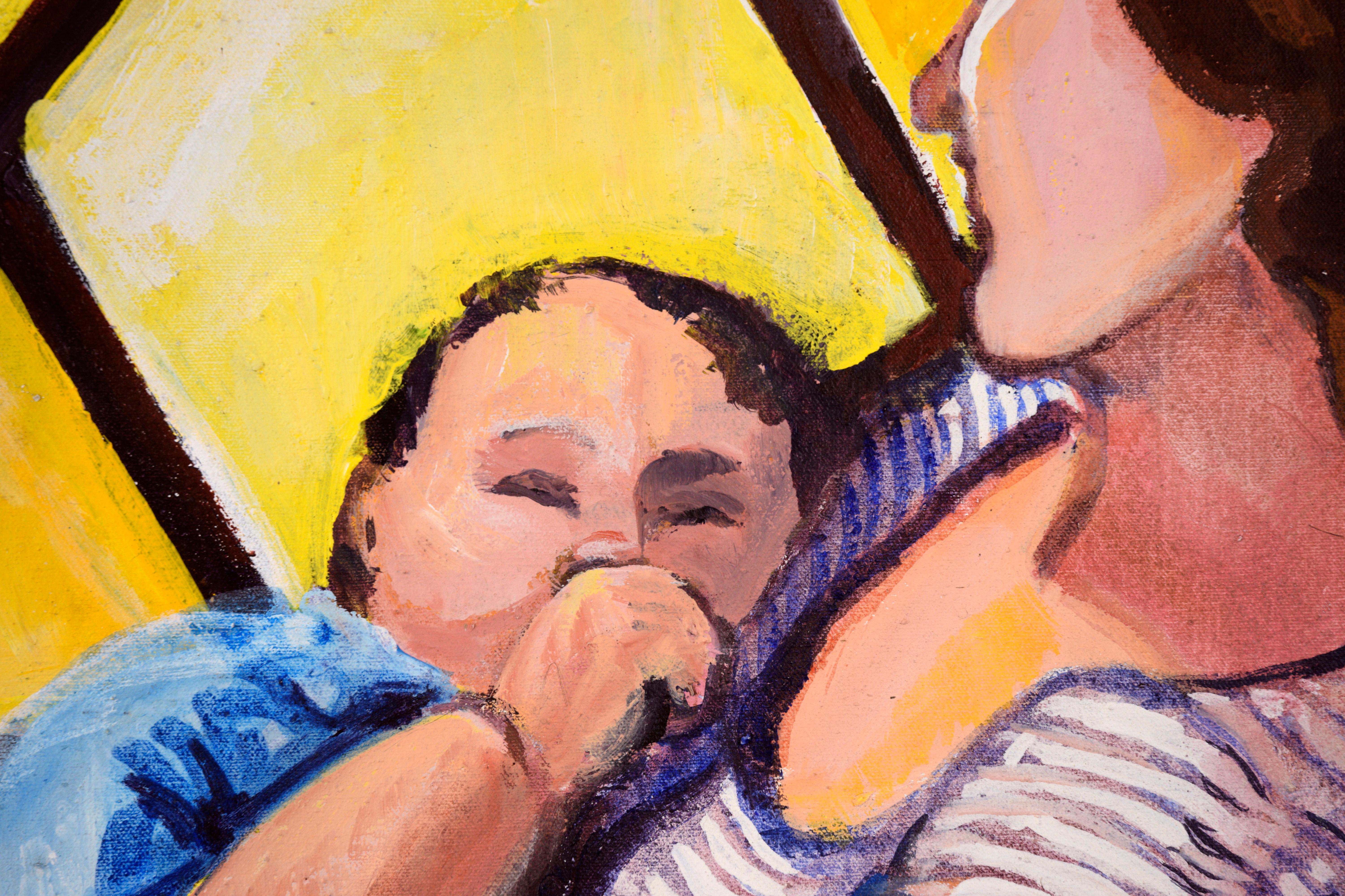 „Madam Suburbia“ (Frau und Baby im gelben Fenster) in Öl auf Leinwand (Amerikanische Moderne), Painting, von Patricia Gren Hayes