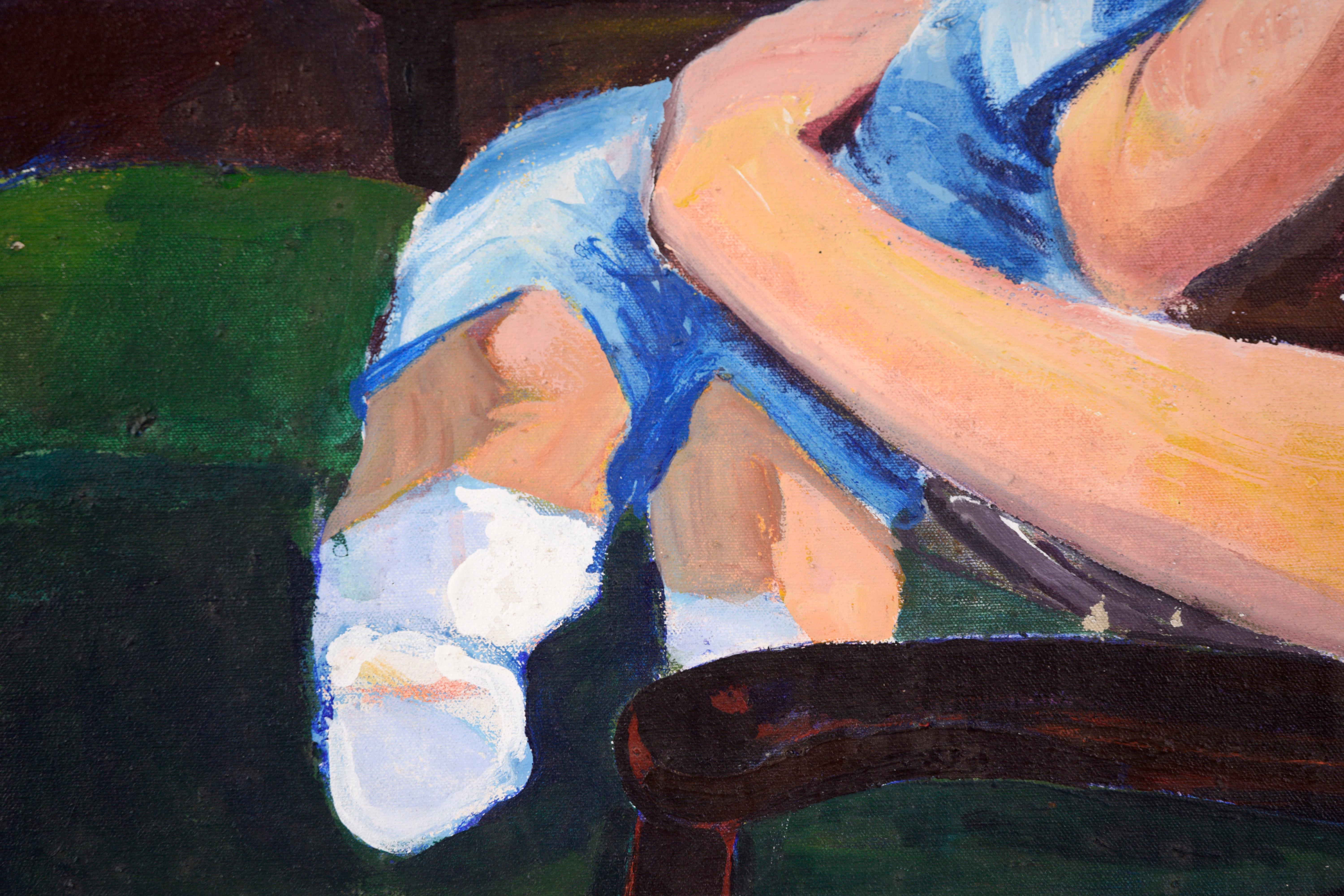 „Madam Suburbia“ (Frau und Baby im gelben Fenster) in Öl auf Leinwand

Eine rothaarige Frau sitzt mit ihrem Kleinkind auf einem Stuhl, ein Werk der amerikanischen Malerin Patricia Gren Hayes (geb. 1932). Die Frau, die ein gestreiftes Hemd und eine