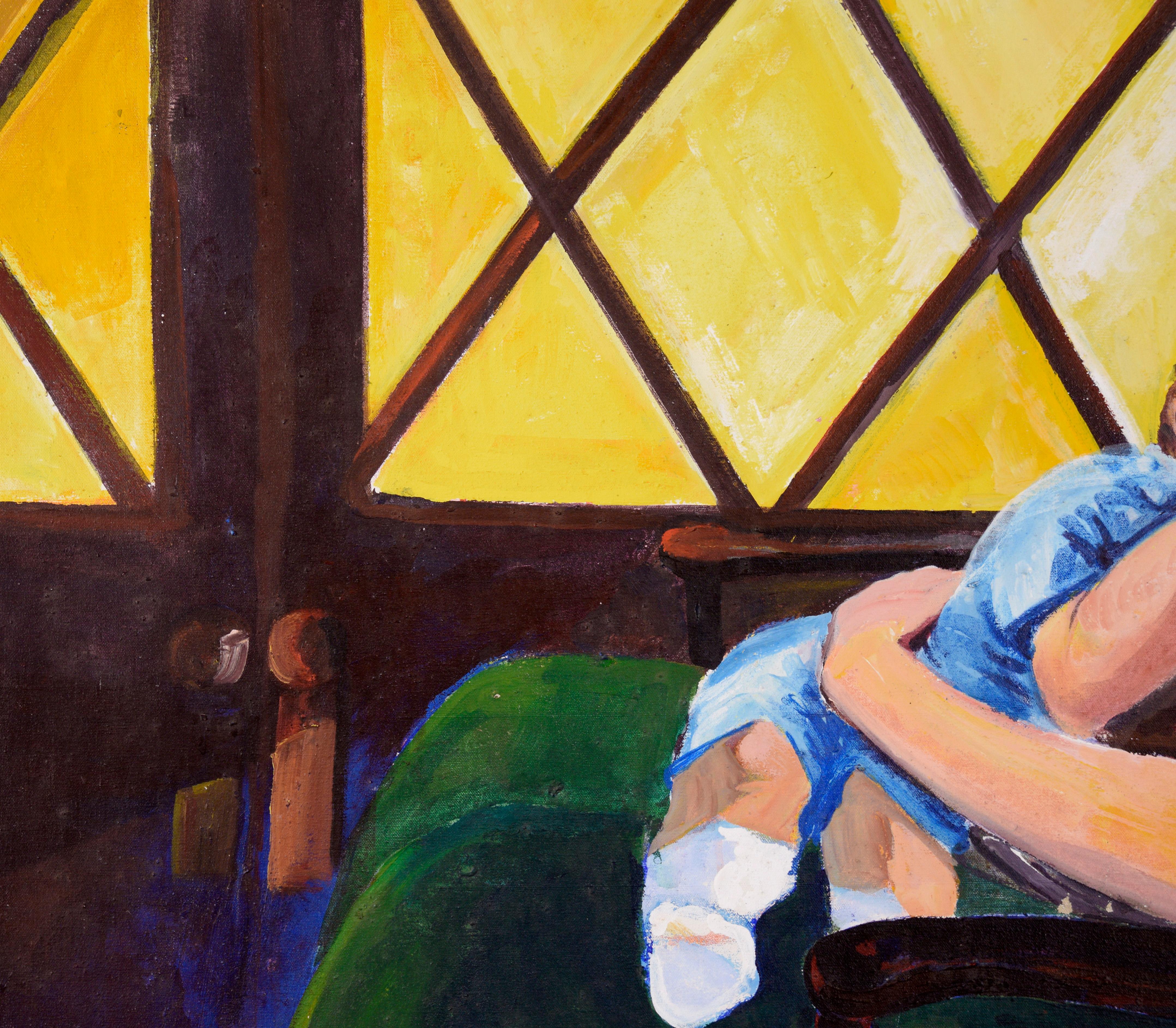 „Madam Suburbia“ (Frau und Baby im gelben Fenster) in Öl auf Leinwand im Angebot 1