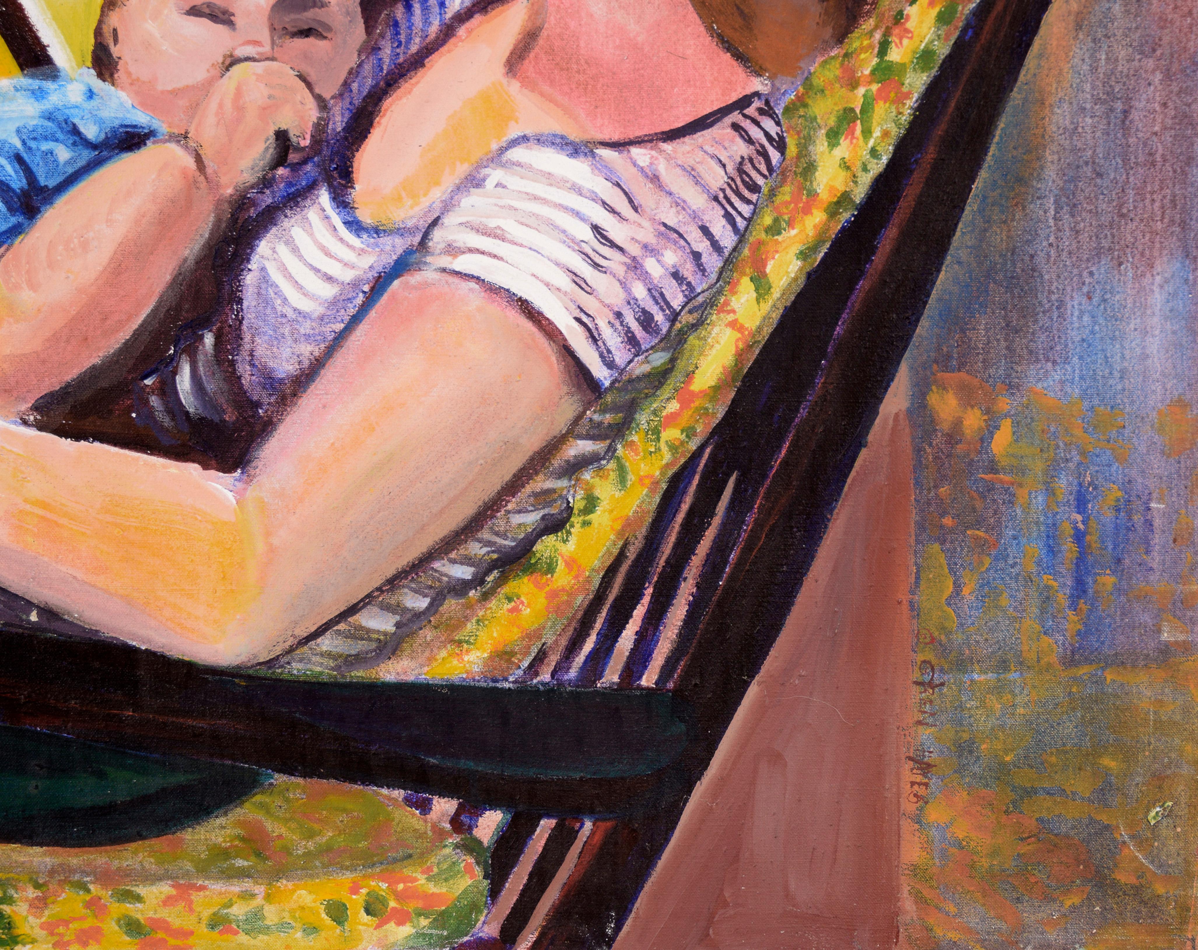 „Madam Suburbia“ (Frau und Baby im gelben Fenster) in Öl auf Leinwand im Angebot 2