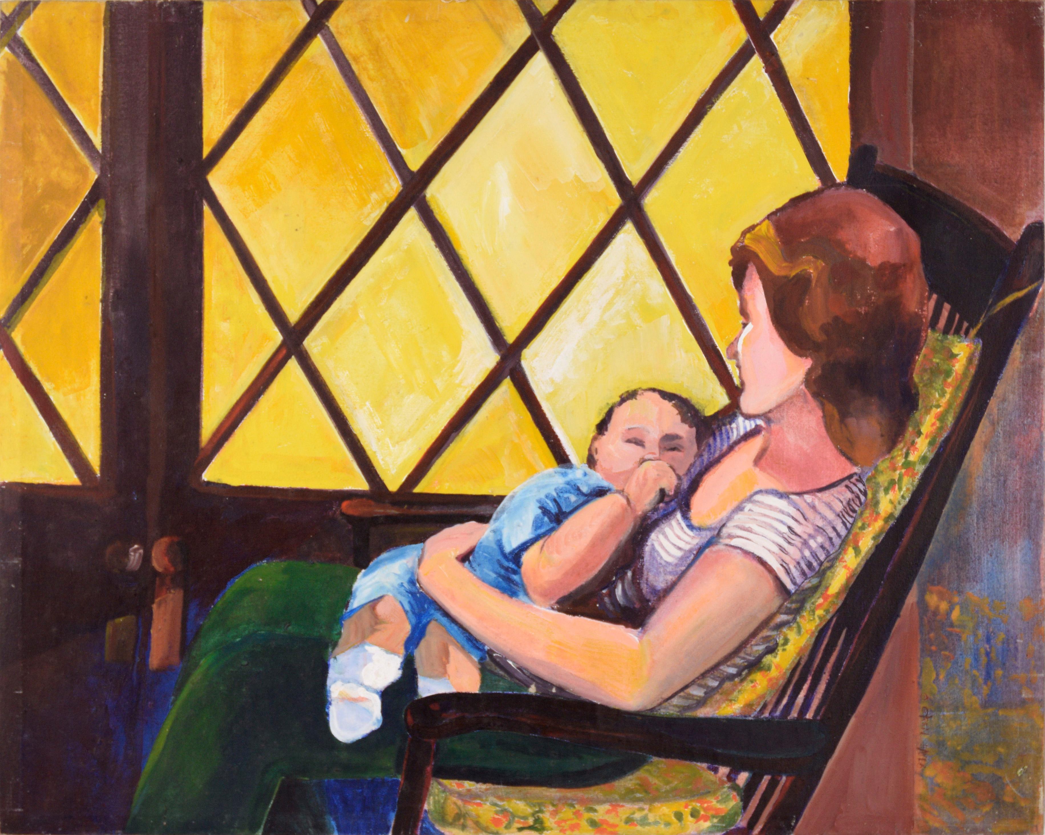 "Madam Suburbia" (Woman and Baby by the Yellow Window) in Oil on Canvas